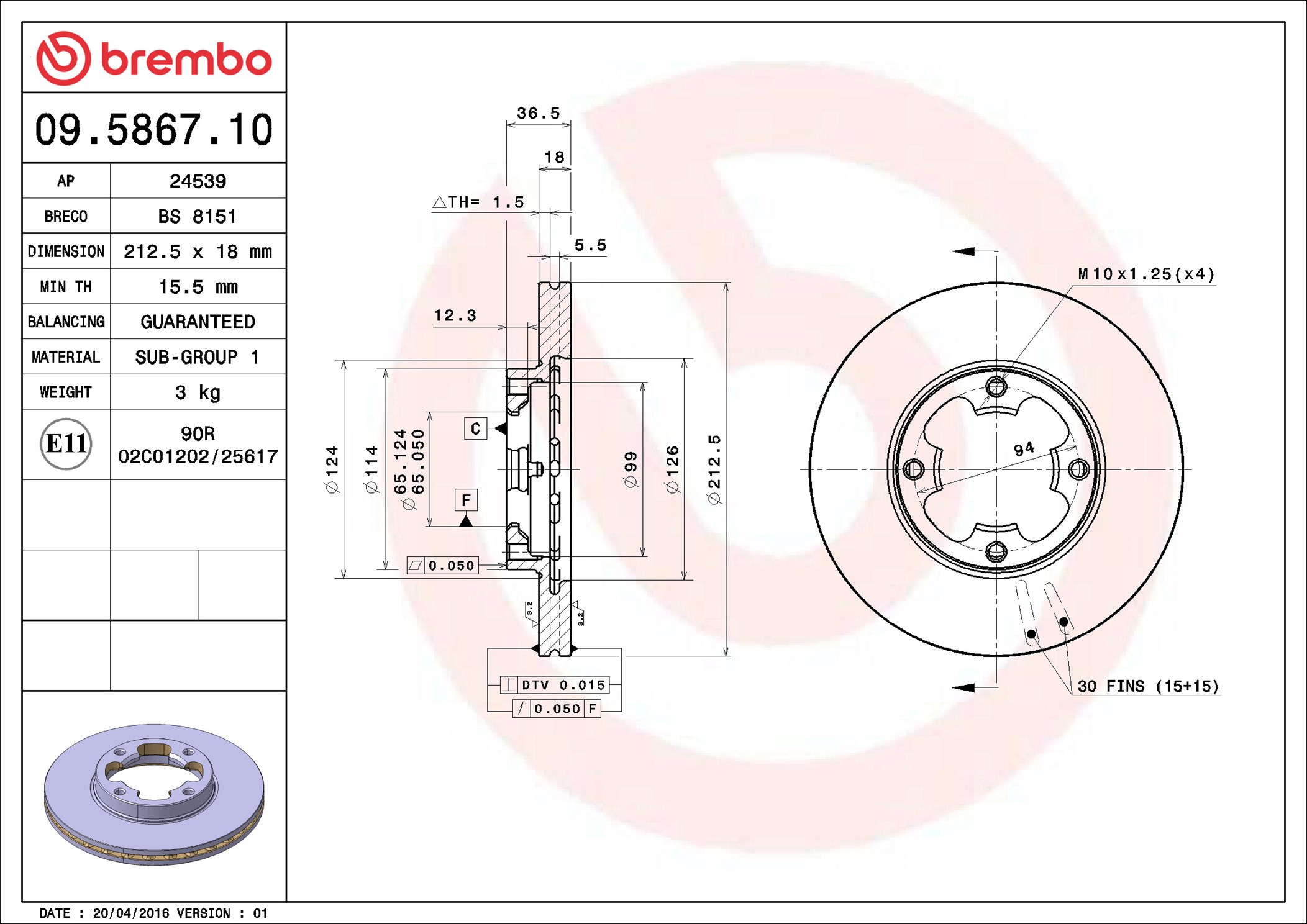 Disco freno BREMBO 09586710