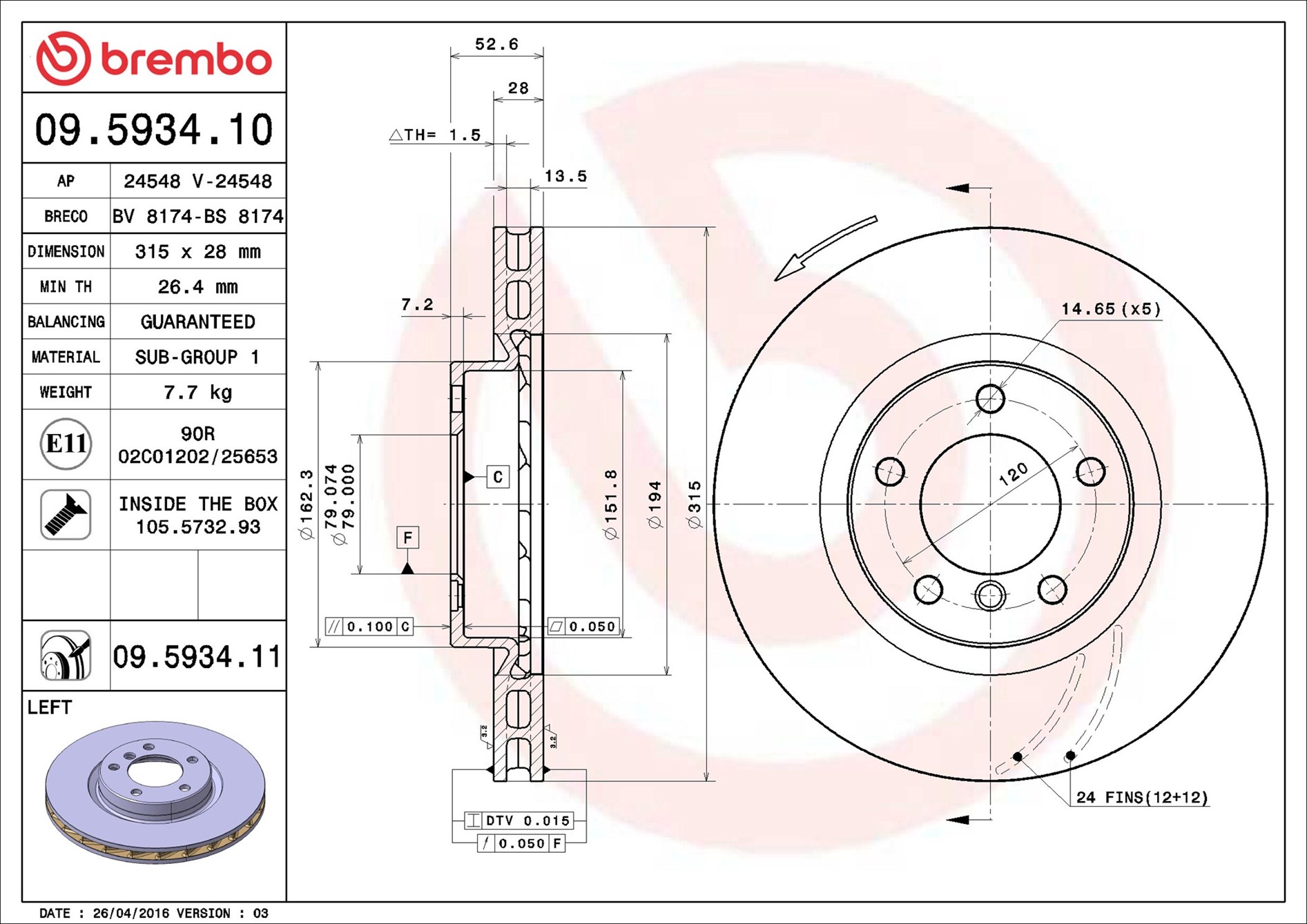 Disco freno BREMBO 09593411
