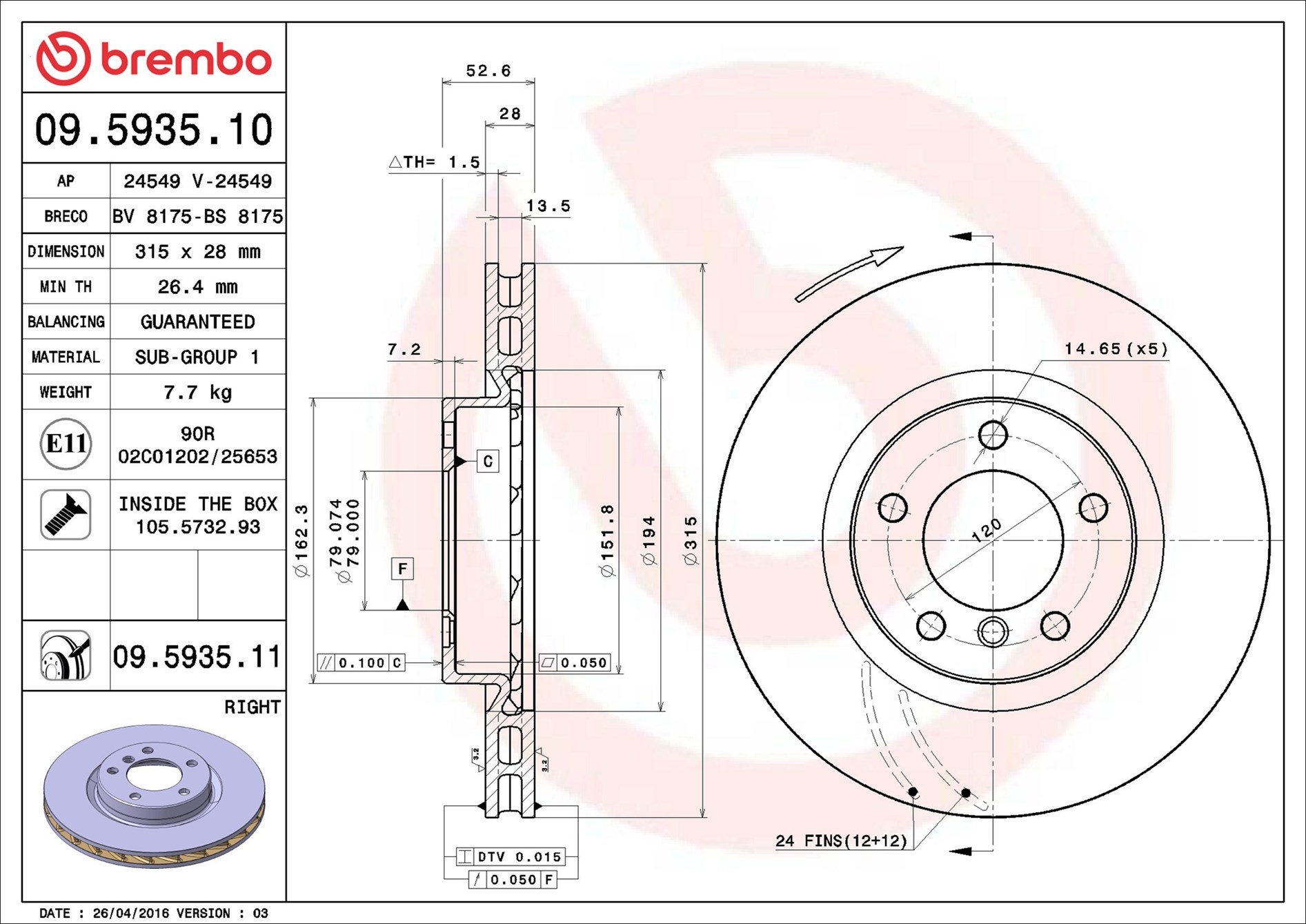 Disco freno BREMBO 09593511