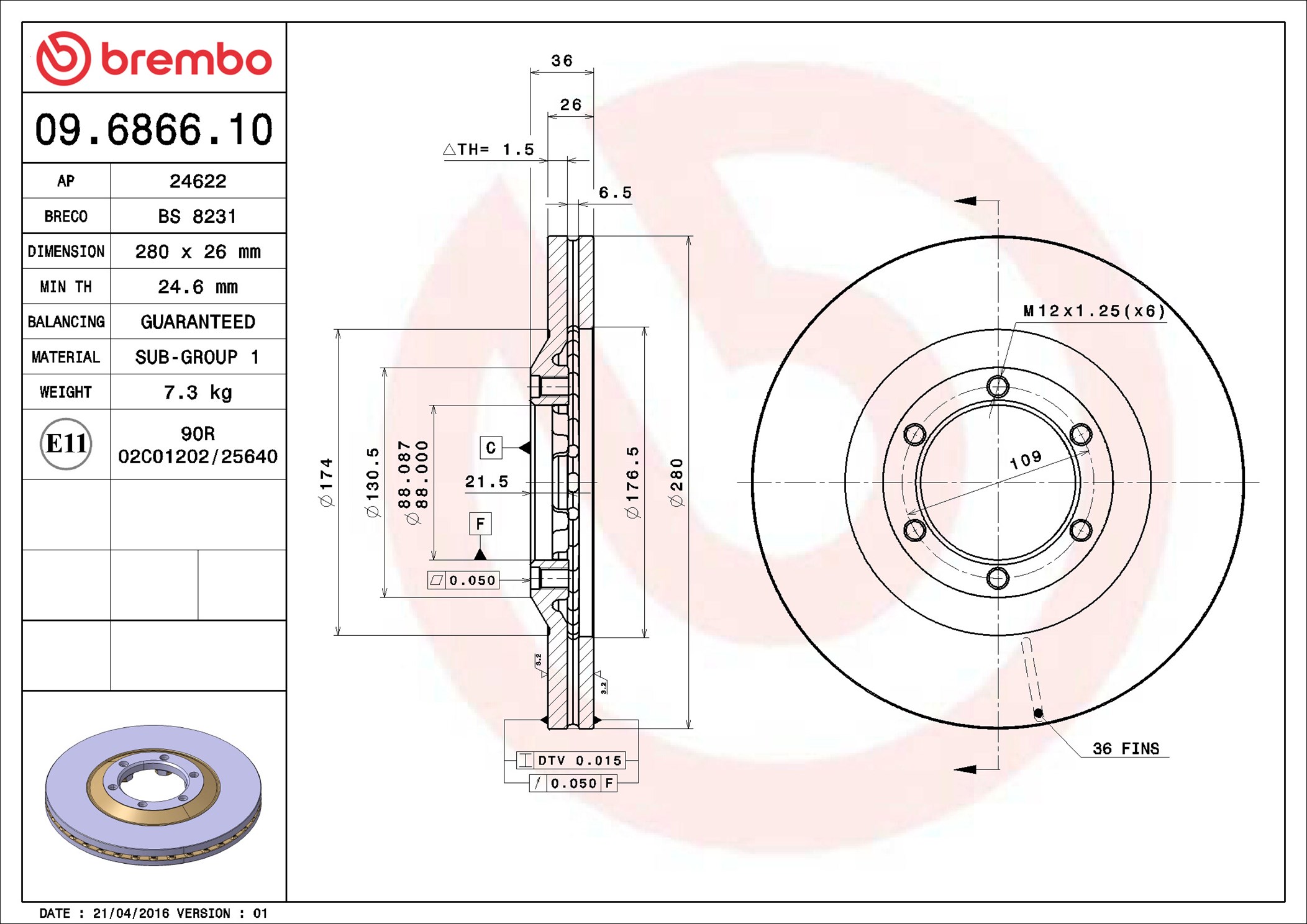 Disco freno BREMBO 09686610