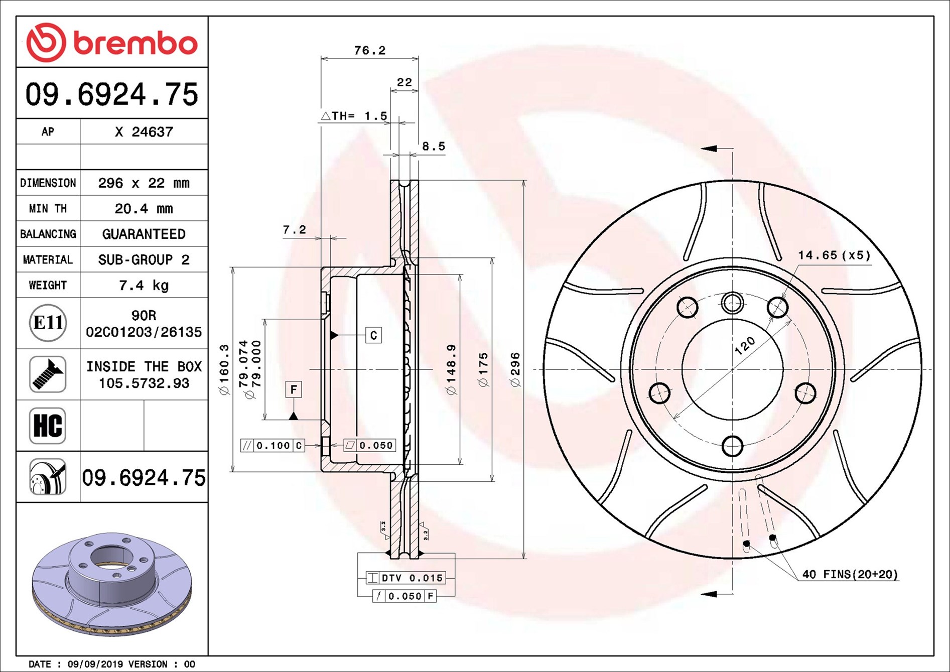 Disco freno BREMBO 09692475