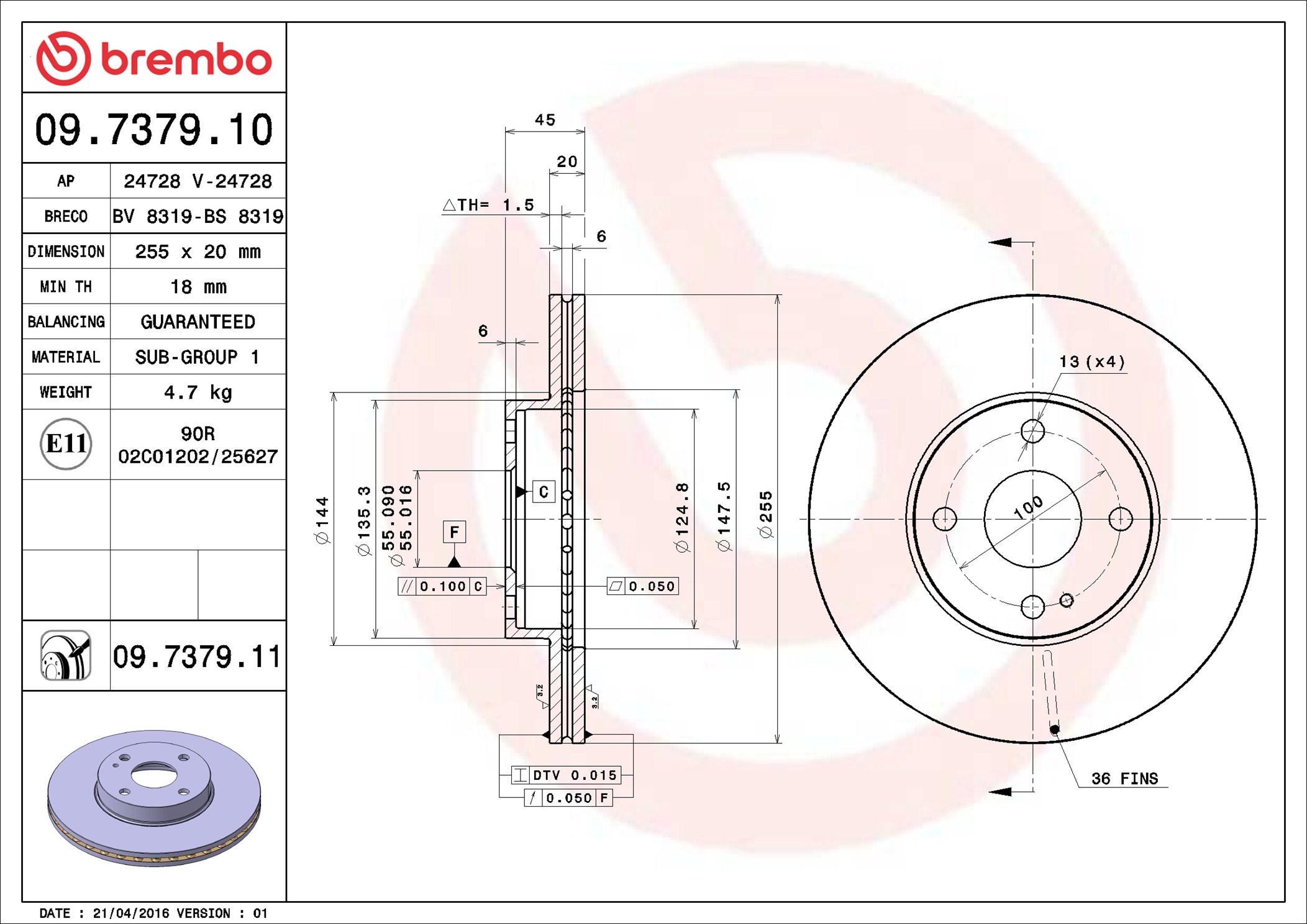 Disco freno BREMBO 09737911