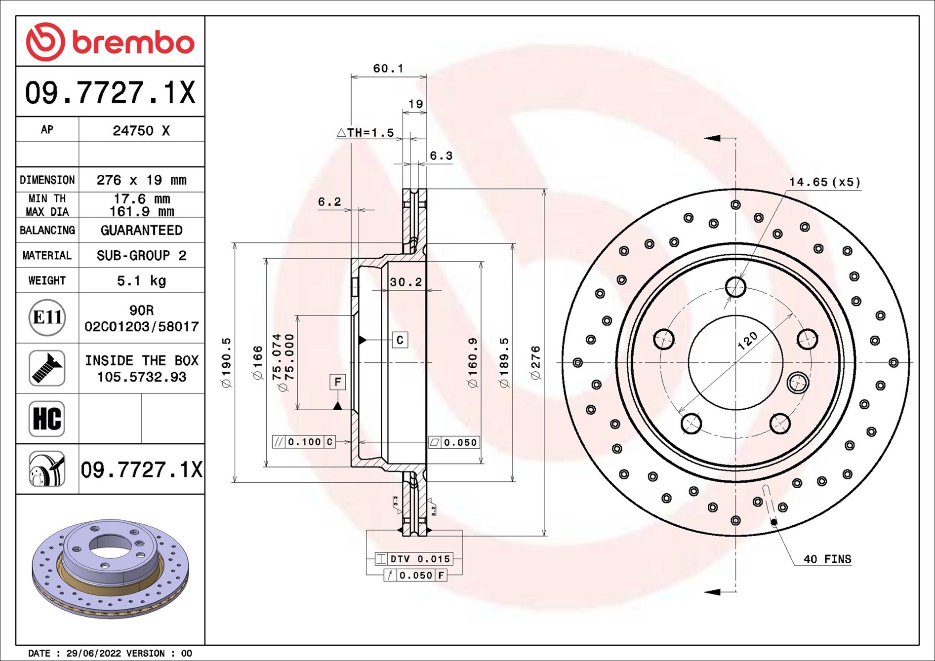 Disco freno BREMBO 0977271X