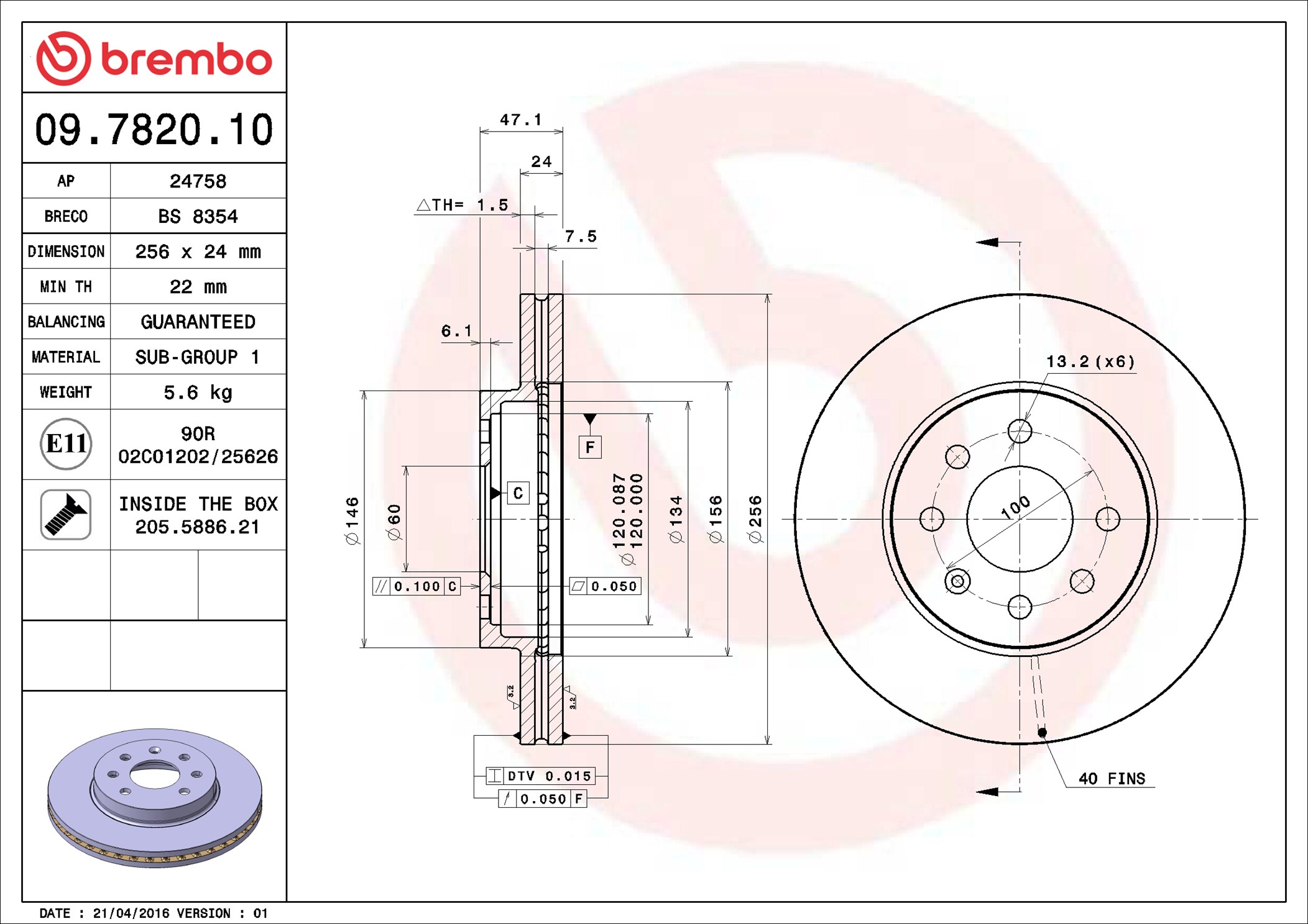 Disco freno BREMBO 09782010