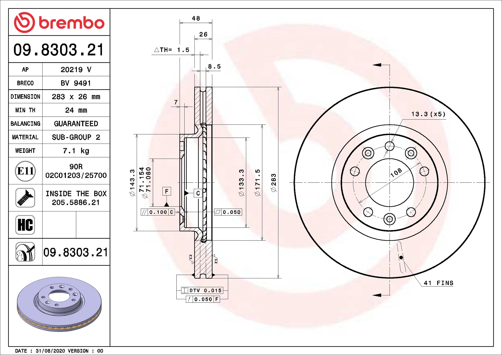 Disco freno BREMBO 09830321