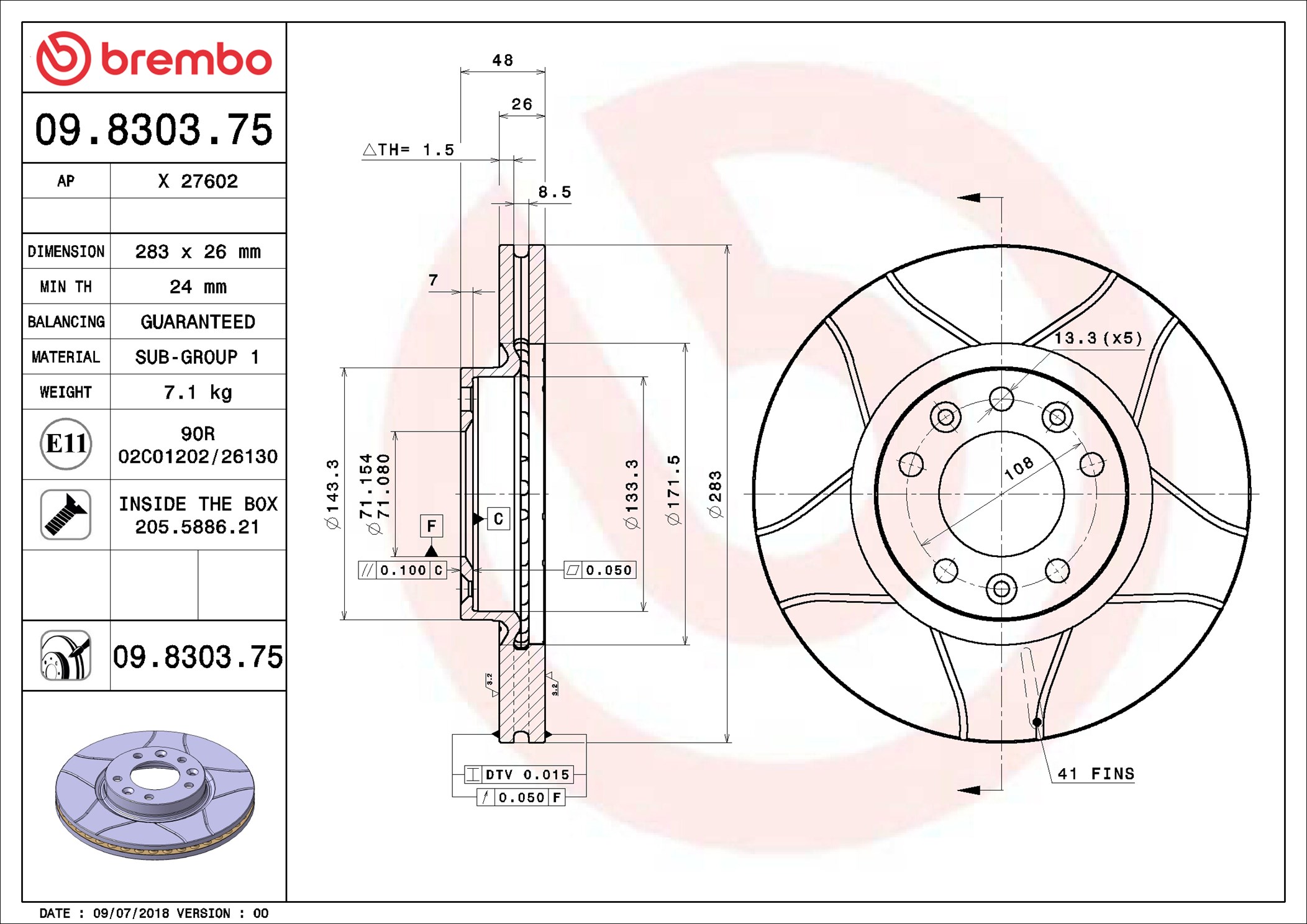 Disco freno BREMBO 09830375