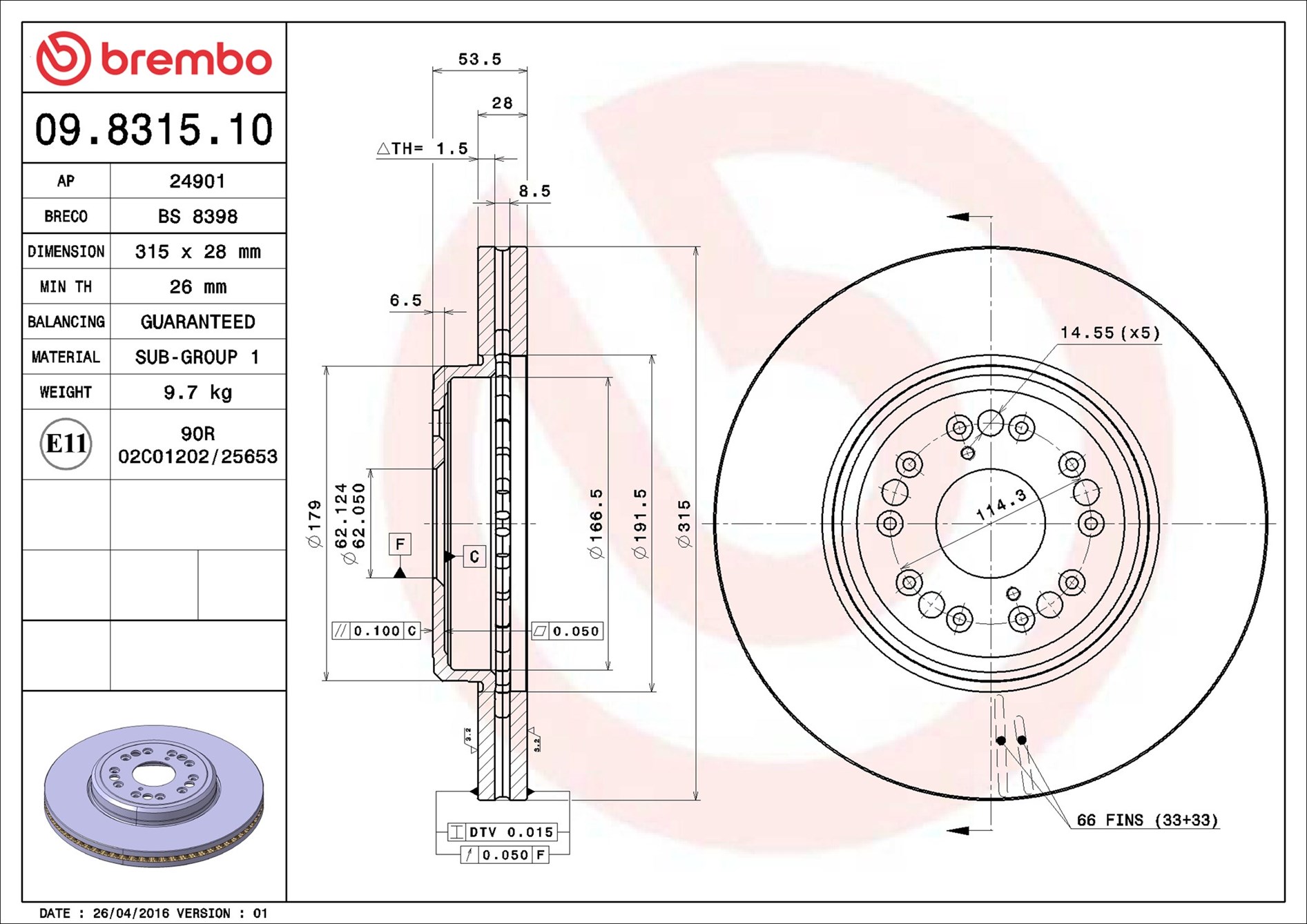 Disco freno BREMBO 09831510
