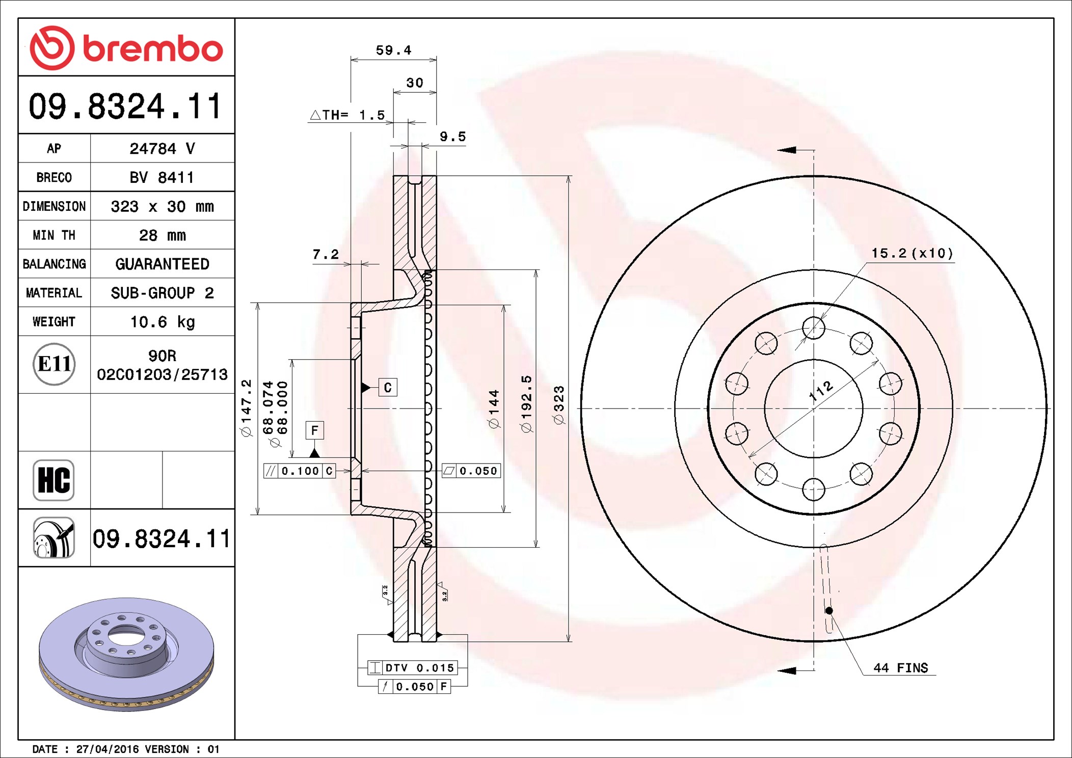 Disco freno BREMBO 09832411