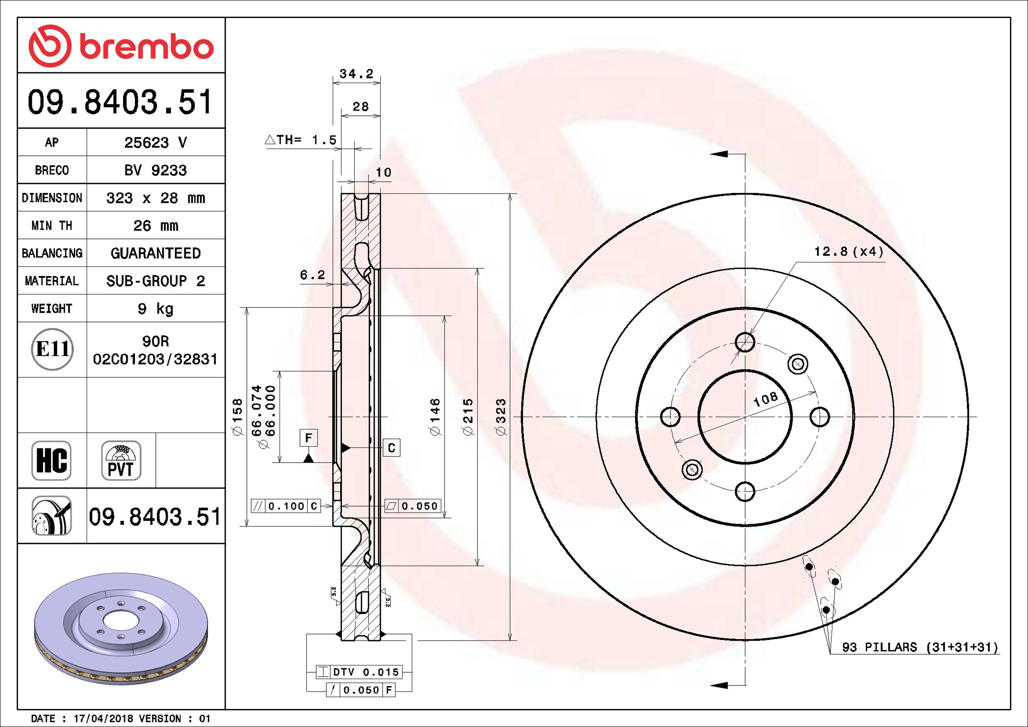 Disco freno BREMBO 09840351