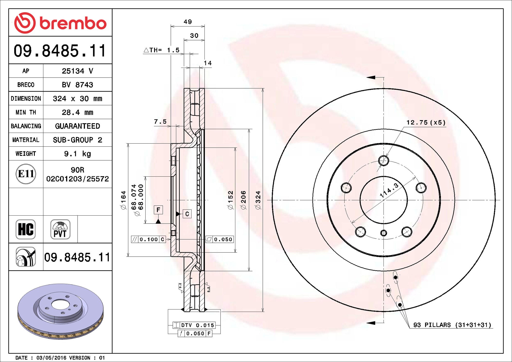 Disco freno BREMBO 09848511