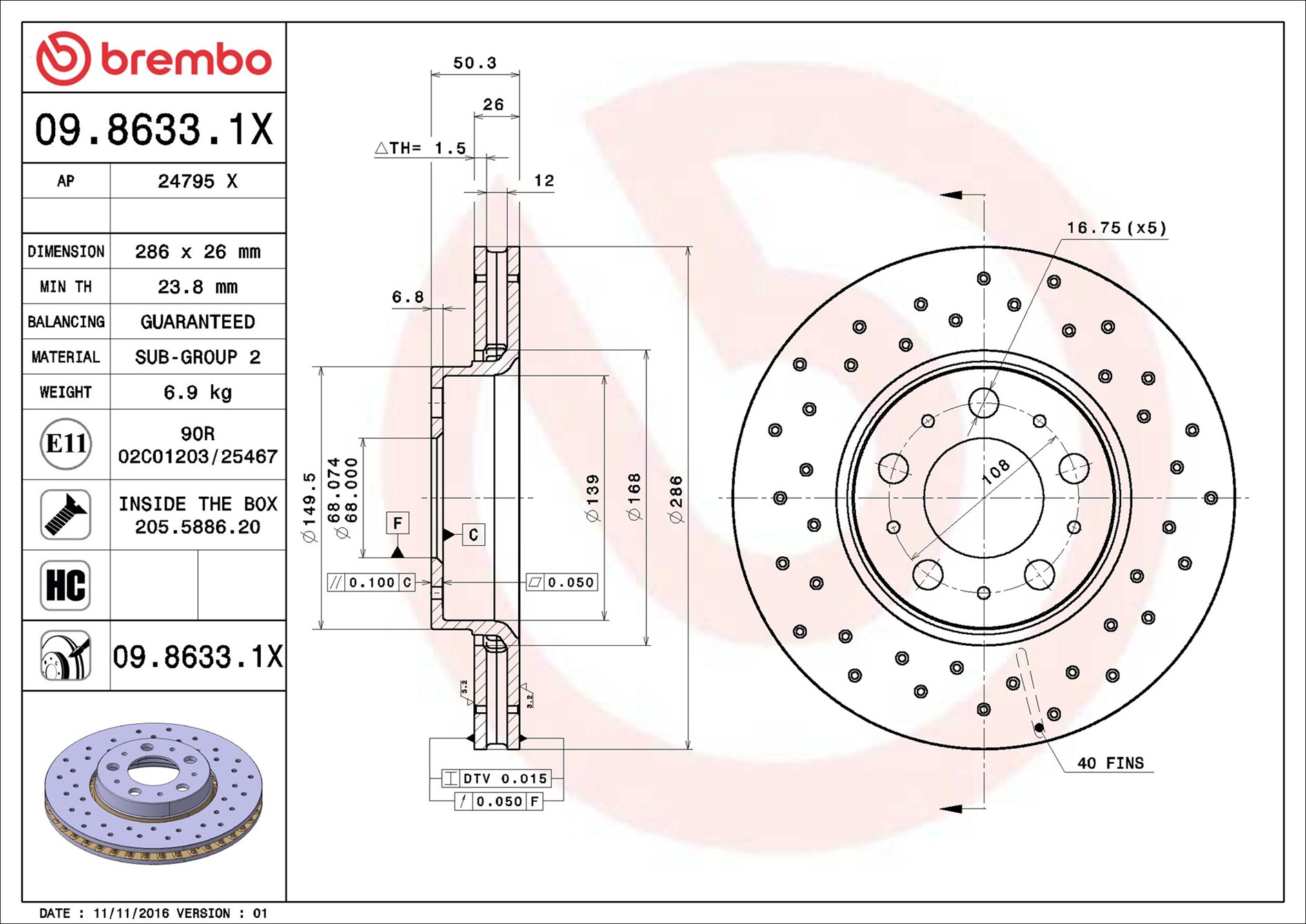 Disco freno BREMBO 0986331X