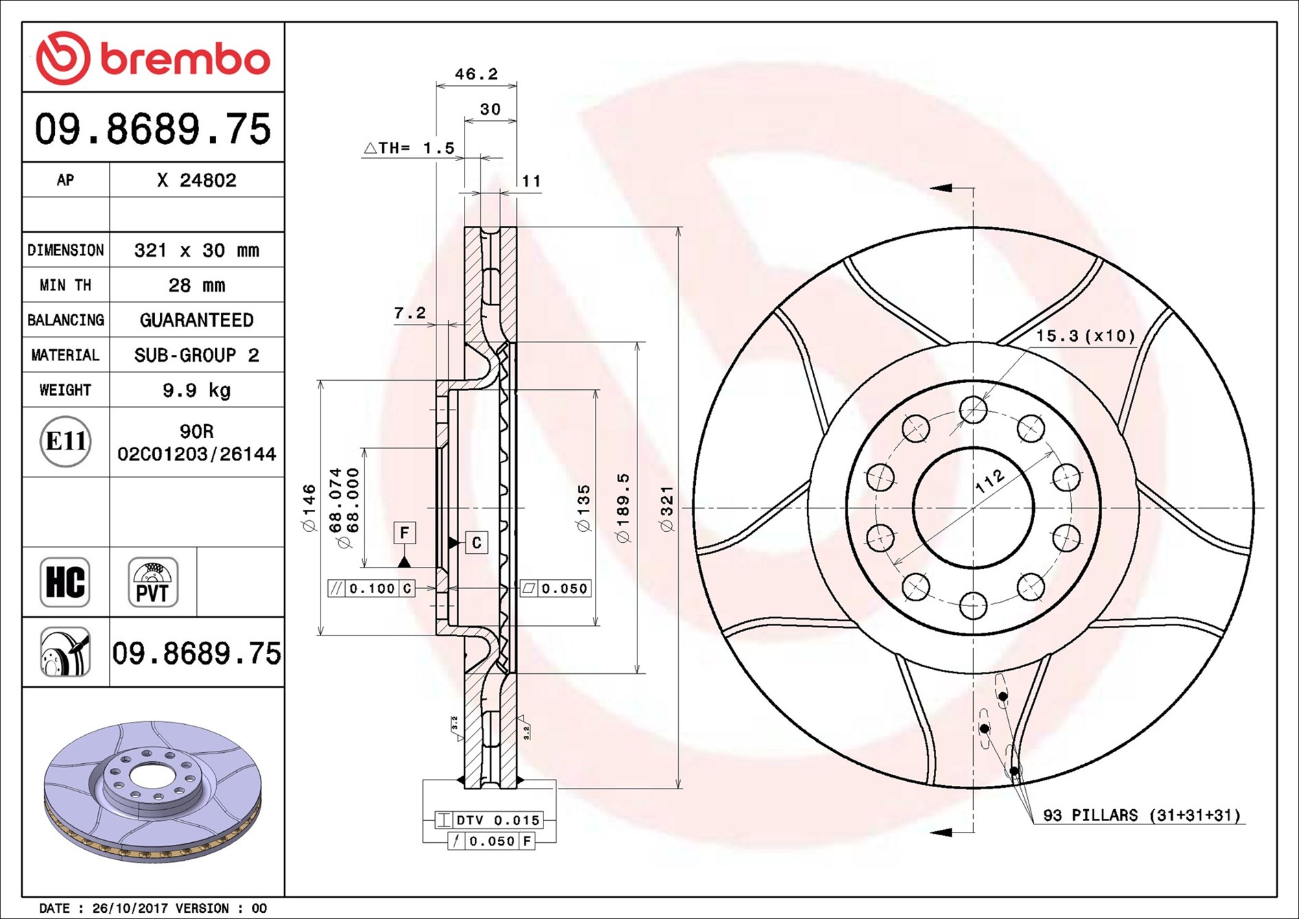 Disco freno BREMBO 09868975