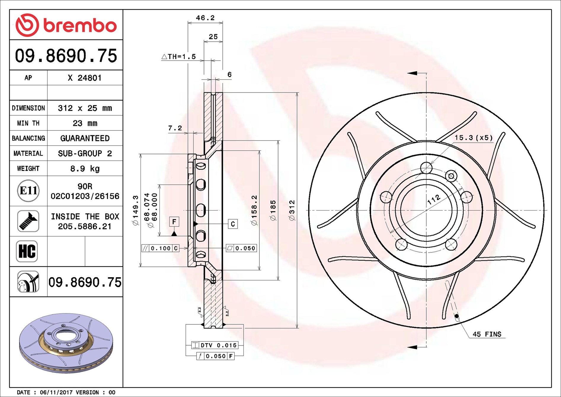 Disco freno BREMBO 09869075