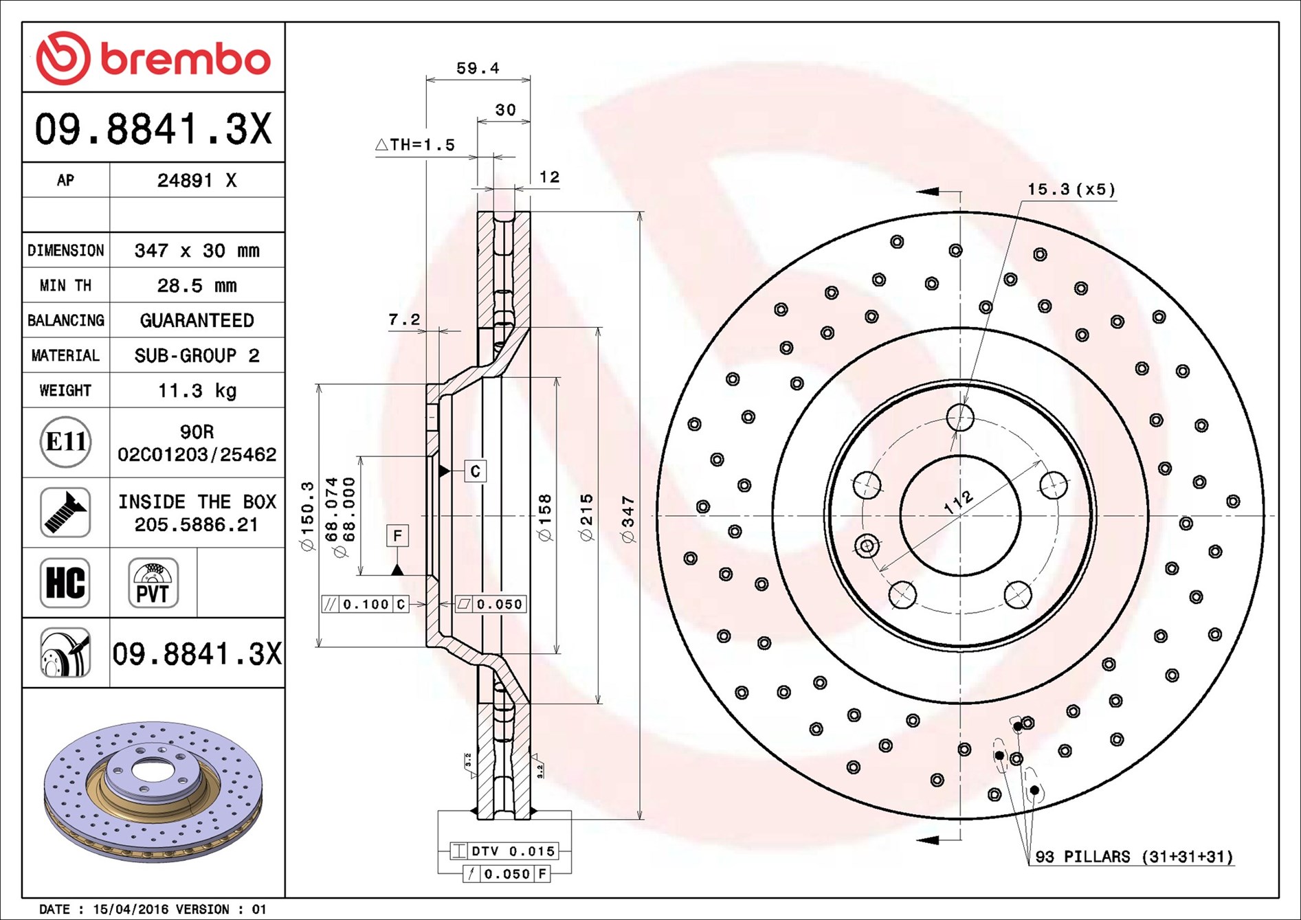 Disco freno BREMBO 0988413X