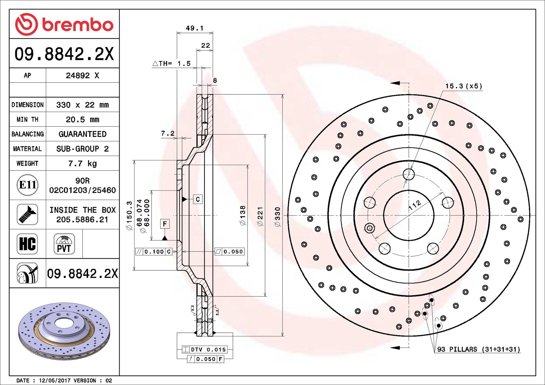 Disco freno BREMBO 0988422X