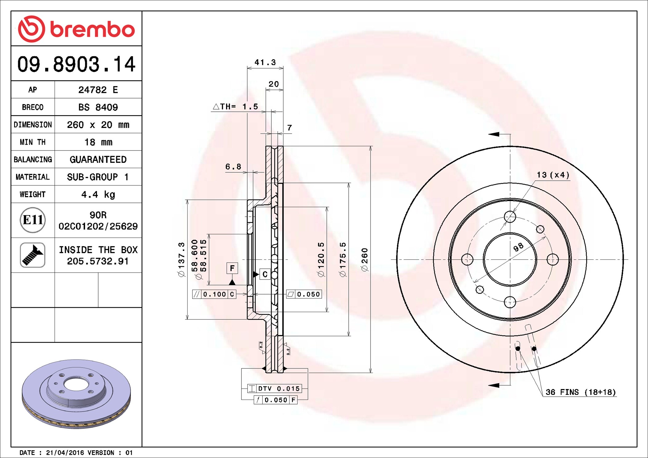 Disco freno BREMBO 09890314