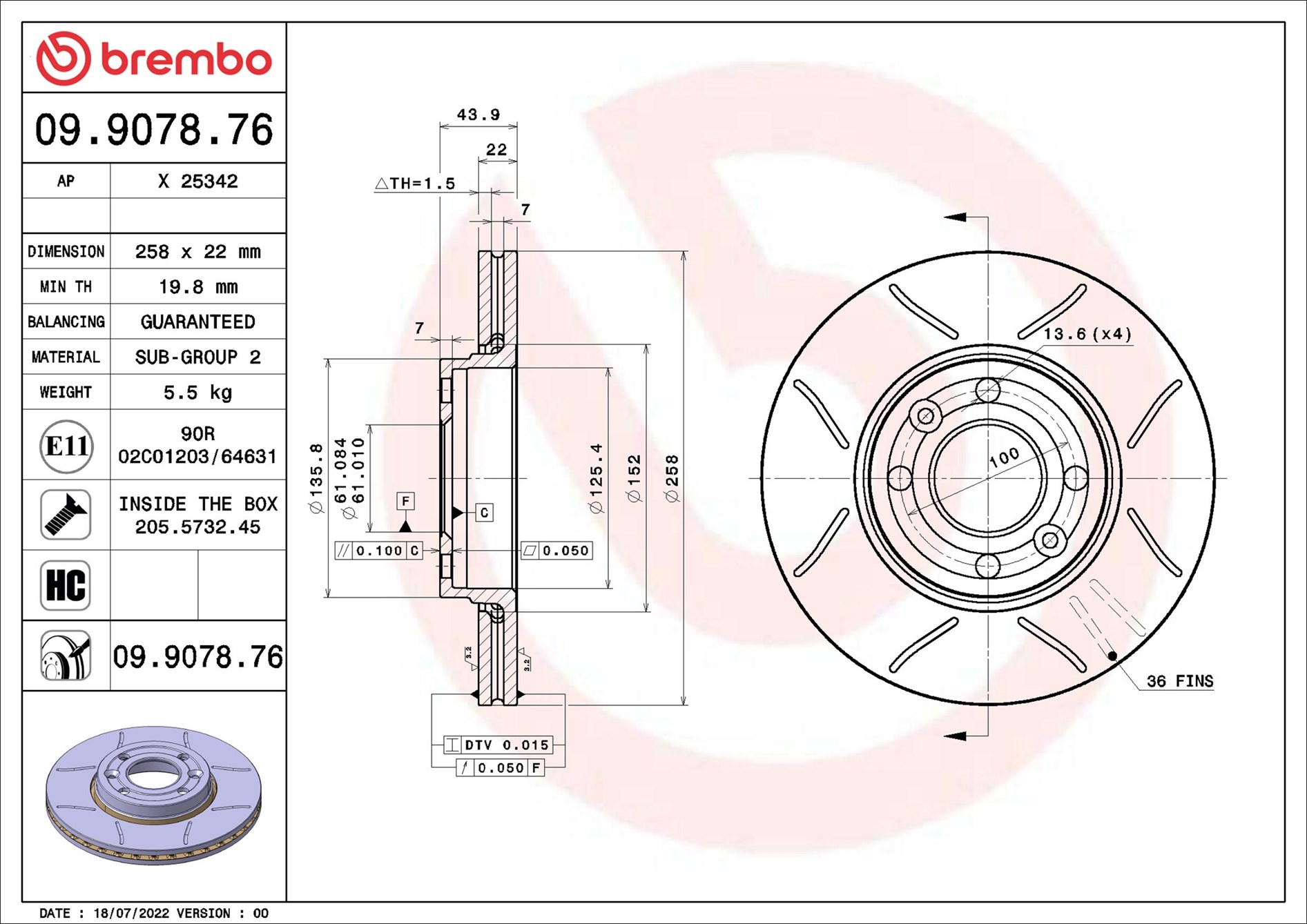 Disco freno BREMBO 09907876