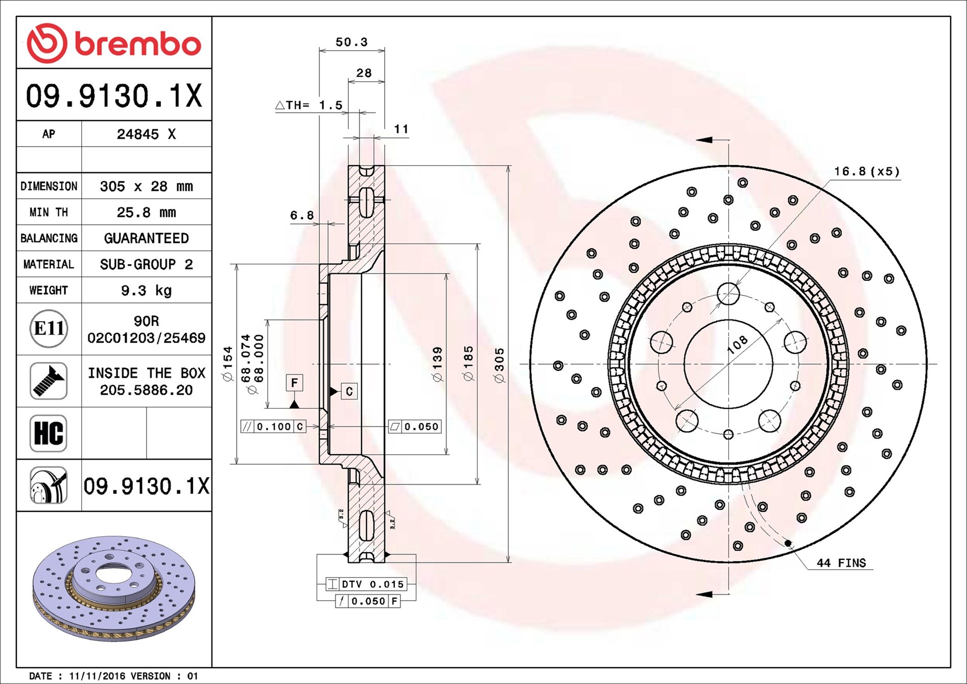 Disco freno BREMBO 0991301X