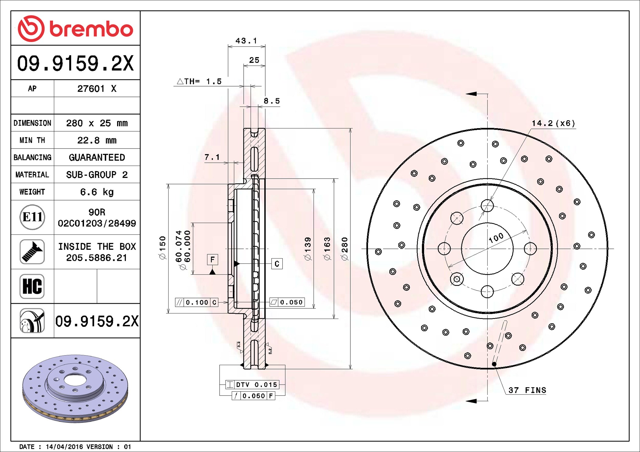 Disco freno BREMBO 0991592X