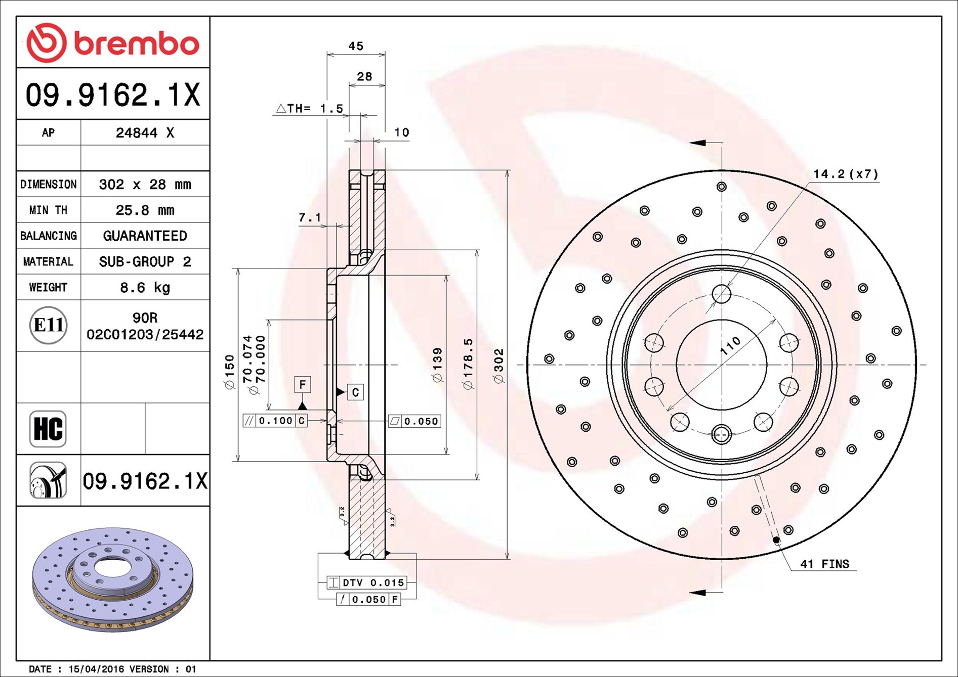 Disco freno BREMBO 0991621X