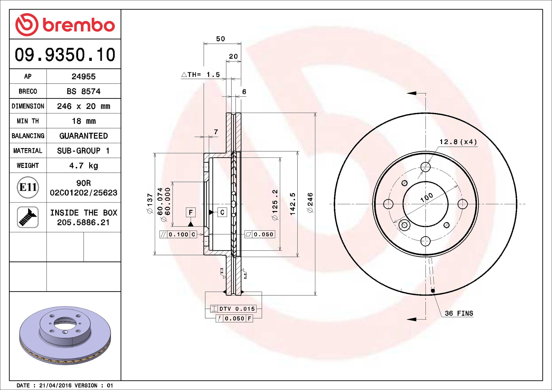 Disco freno BREMBO 09935010
