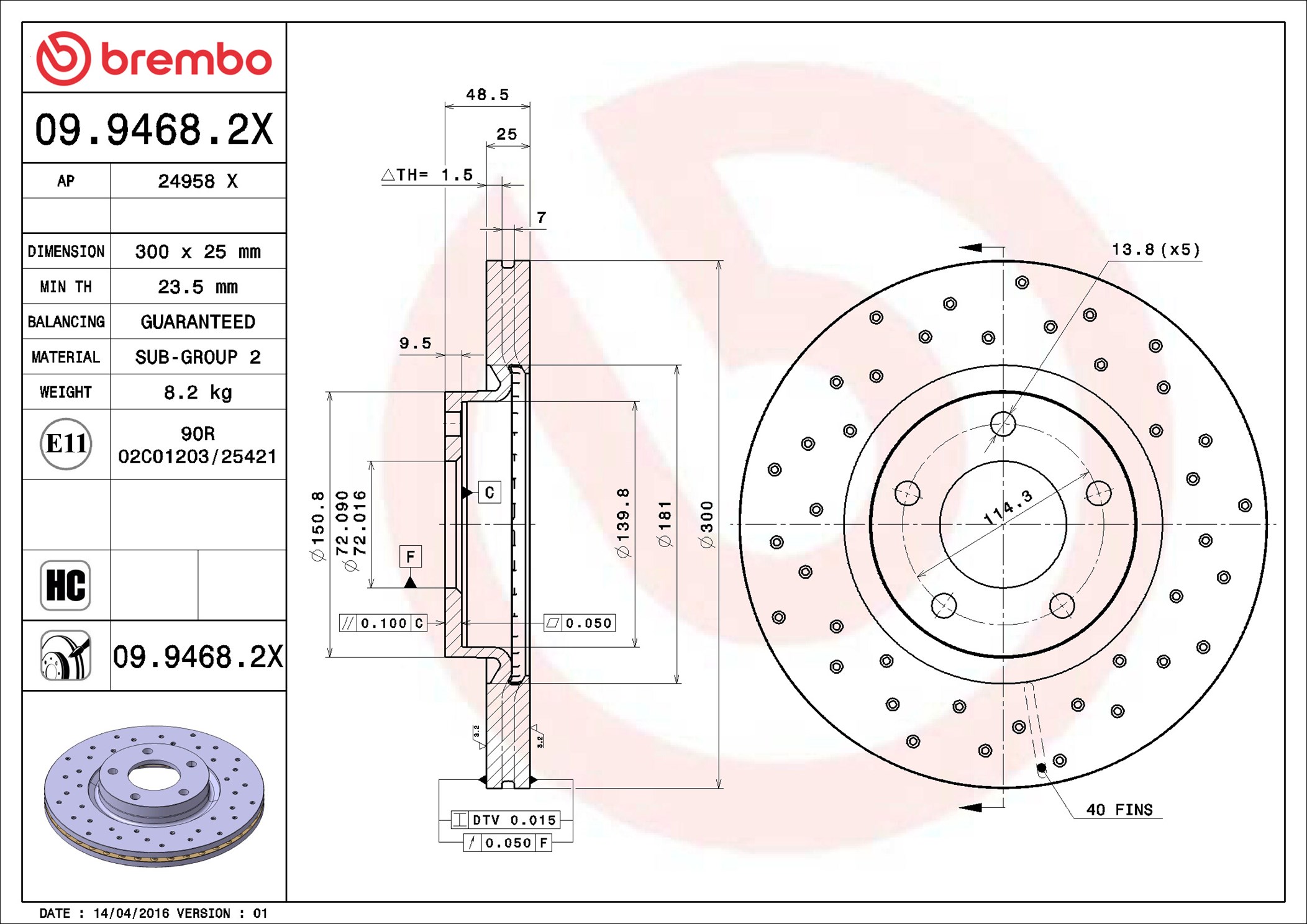 Disco freno BREMBO 0994682X