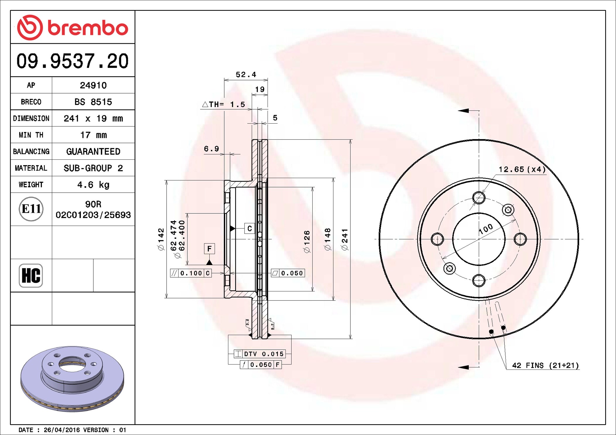 Disco freno BREMBO 09953720