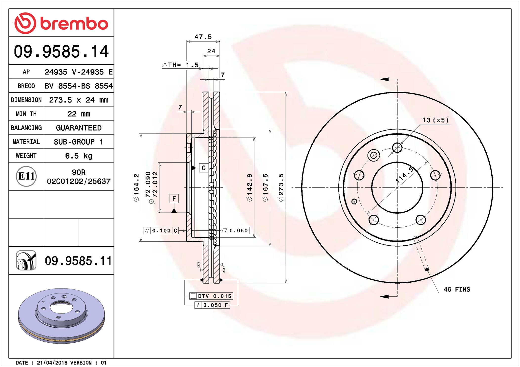 Disco freno BREMBO 09958511