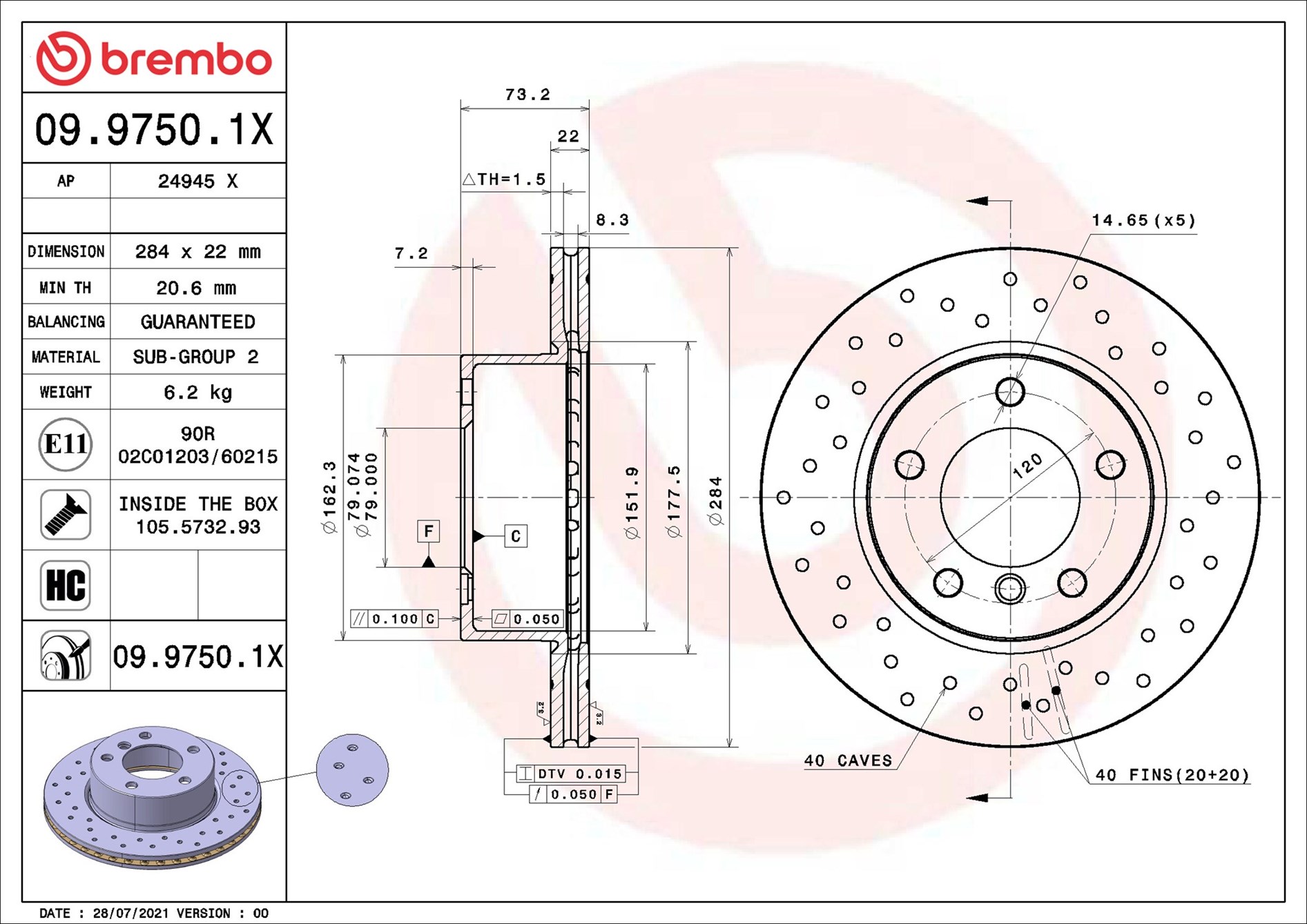 Disco freno BREMBO 0997501X