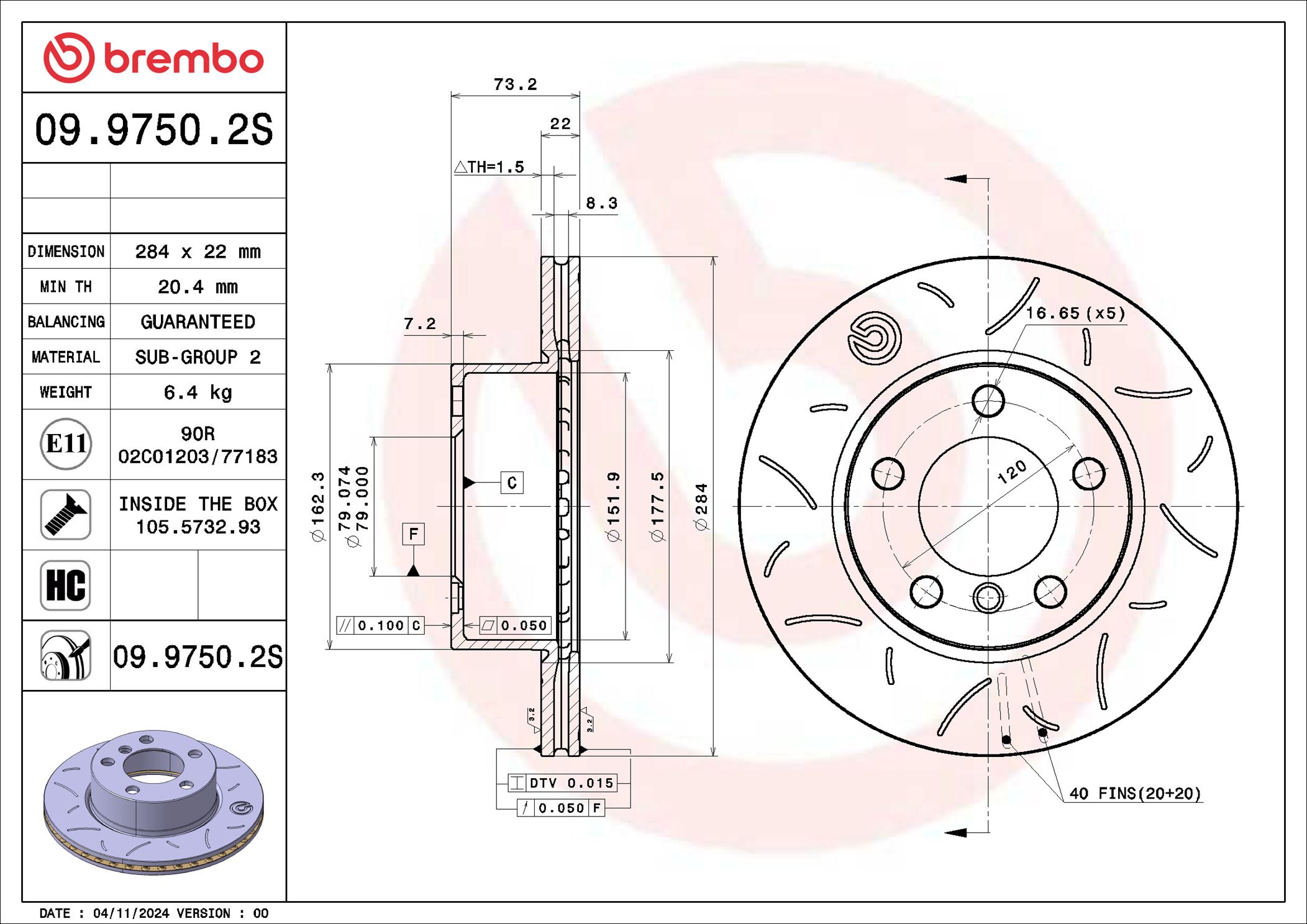 Disco freno BREMBO 0997502S