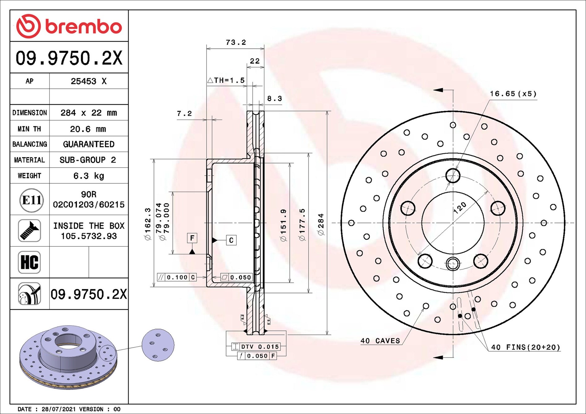 Disco freno BREMBO 0997502X