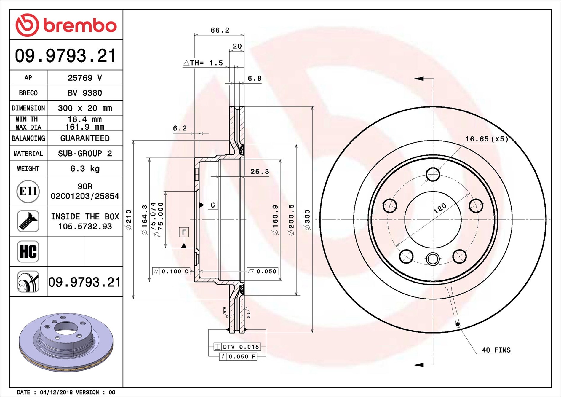 Disco freno BREMBO 09979321