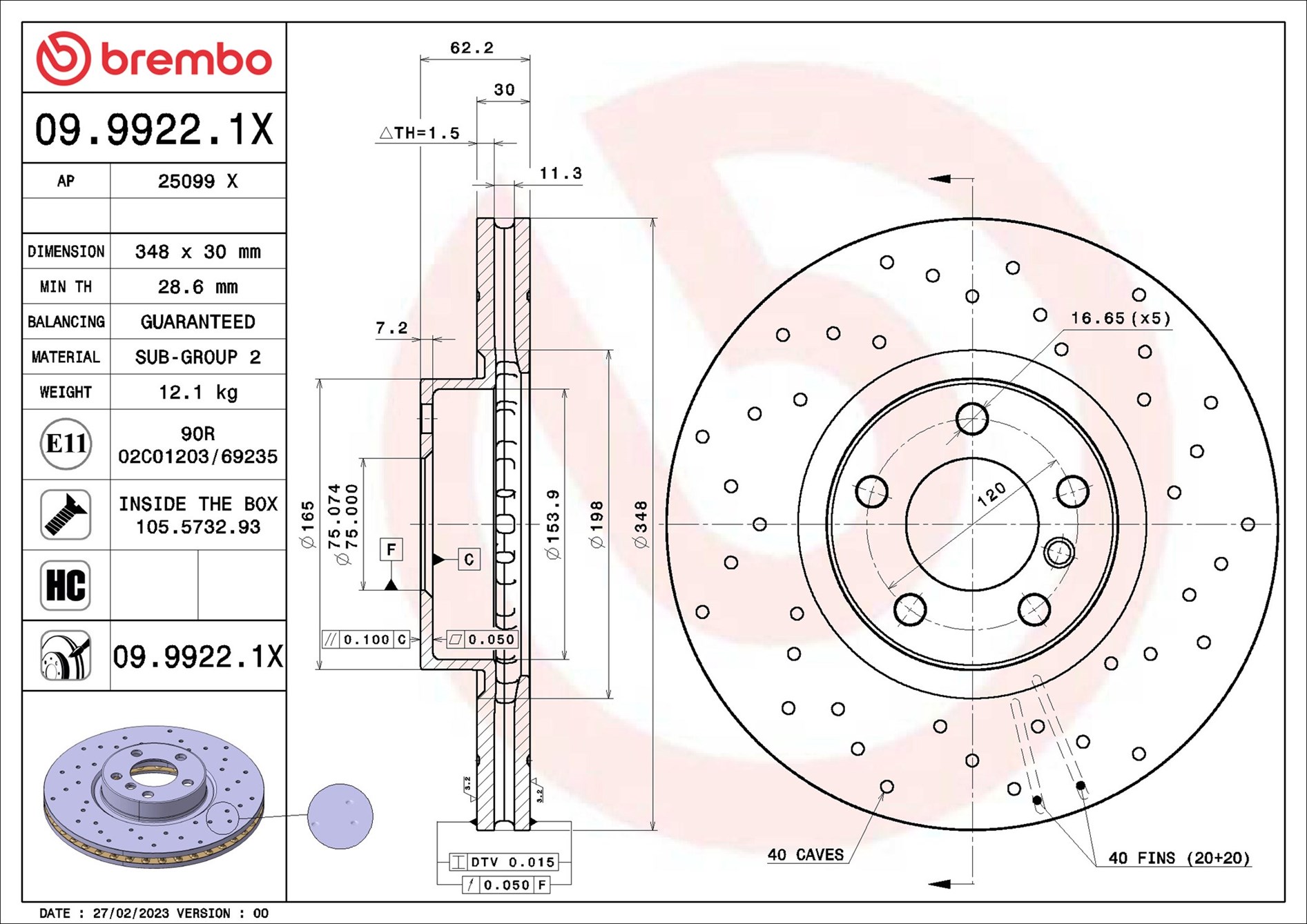 Disco freno BREMBO 0999221X