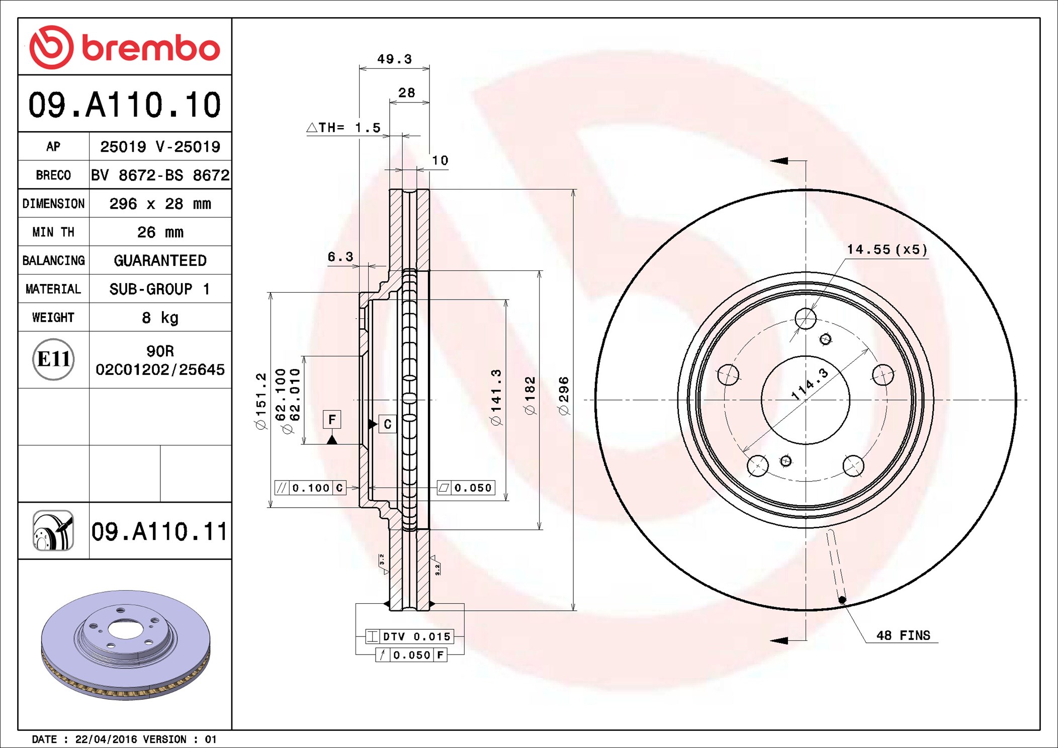 Disco freno BREMBO 09A11011