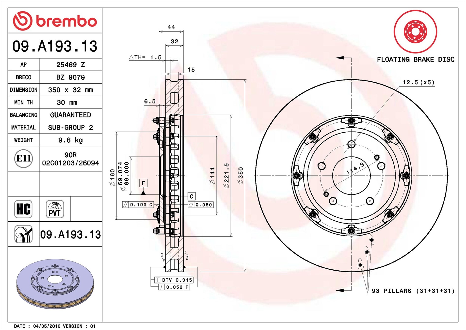 Disco freno BREMBO 09A19313