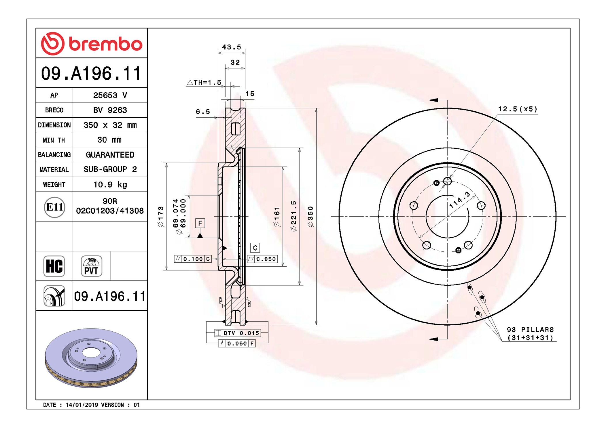 Disco freno BREMBO 09A19611