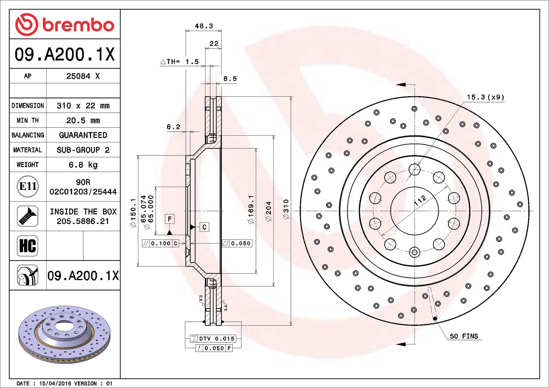 Disco freno BREMBO 09A2001X