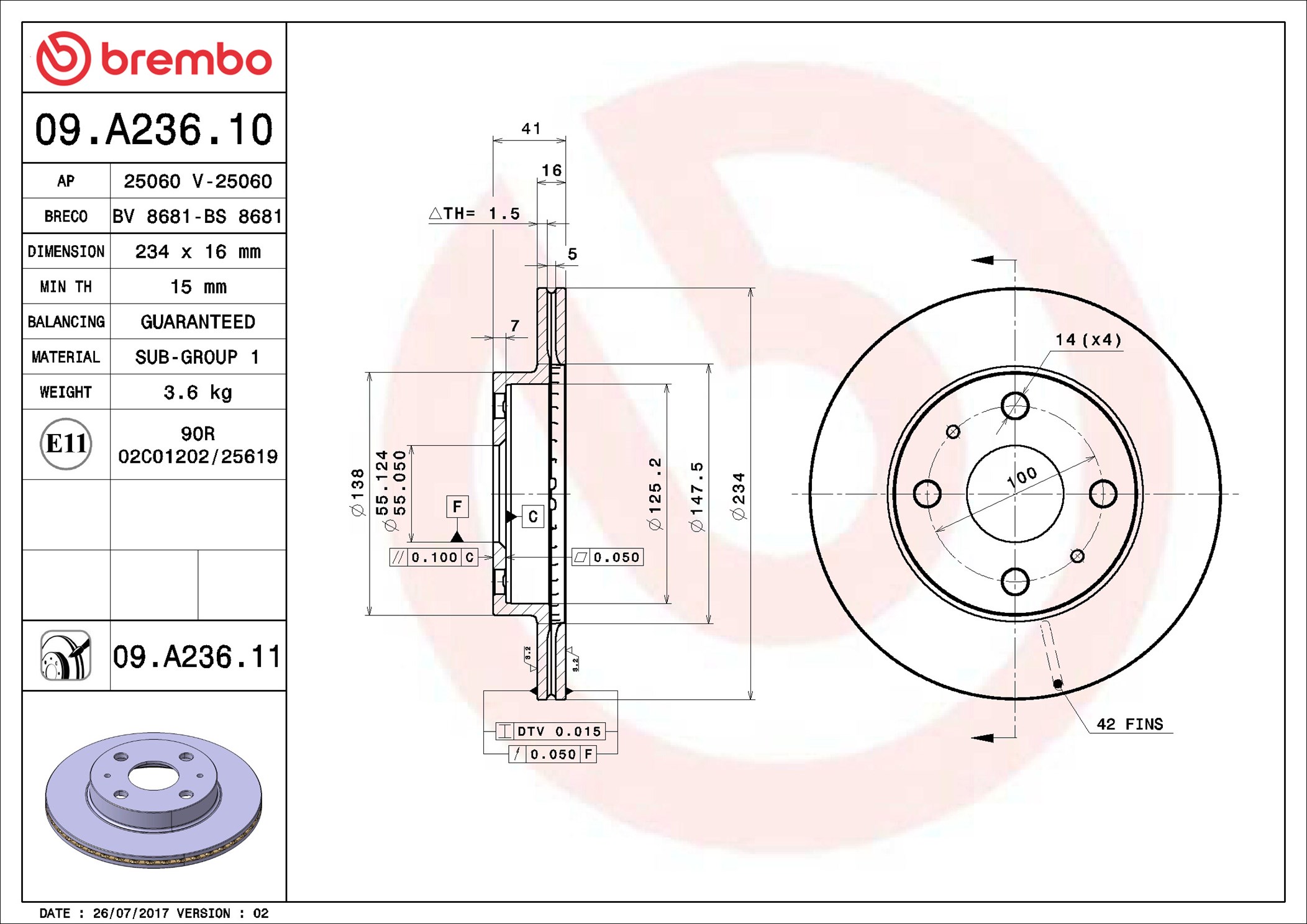 Disco freno BREMBO 09A23611