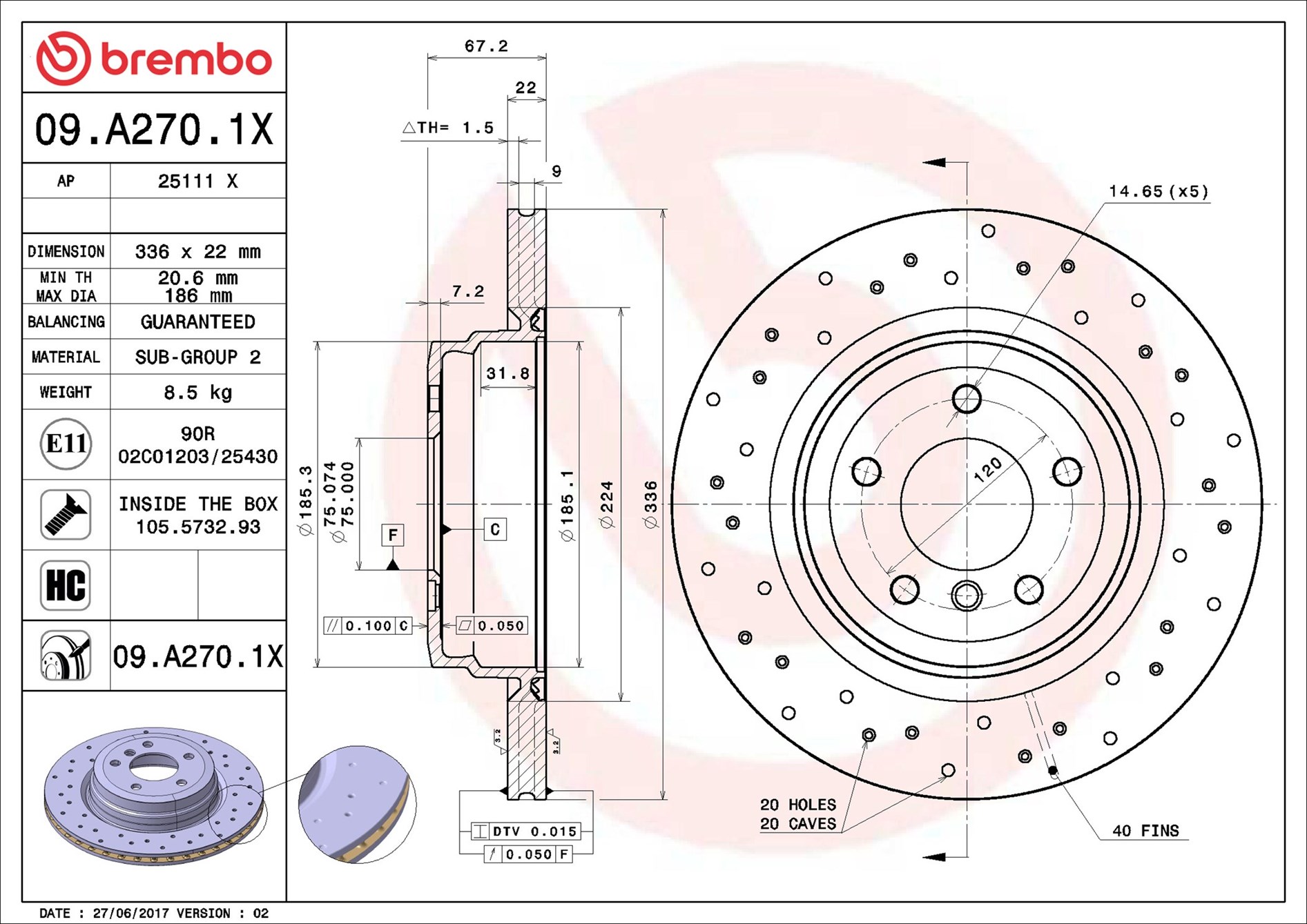 Disco freno BREMBO 09A2701X