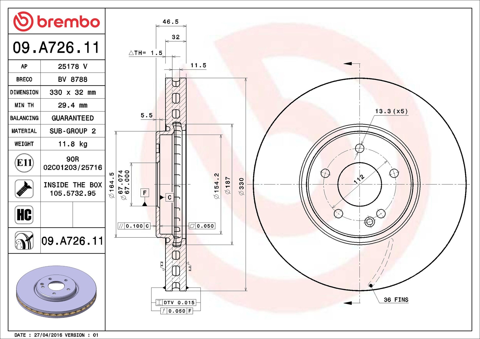 Disco freno BREMBO 09A72611