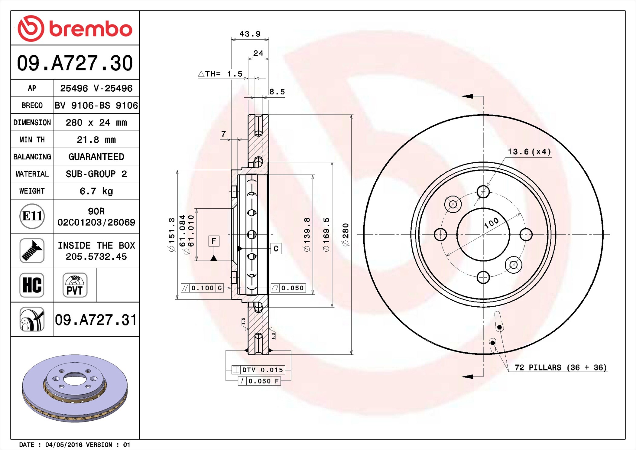 Disco freno BREMBO 09A72731
