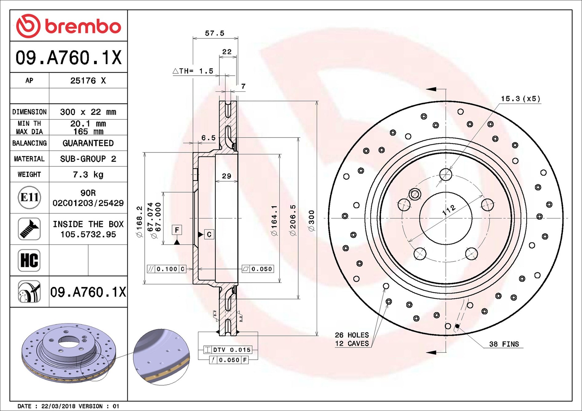 Disco freno BREMBO 09A7601X