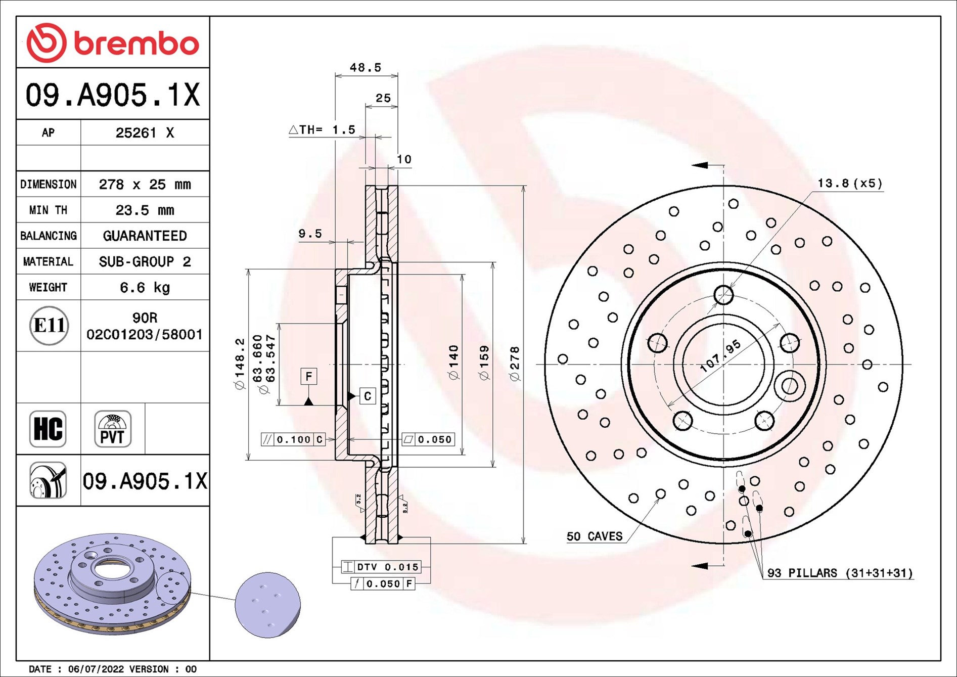 Disco freno BREMBO 09A9051X