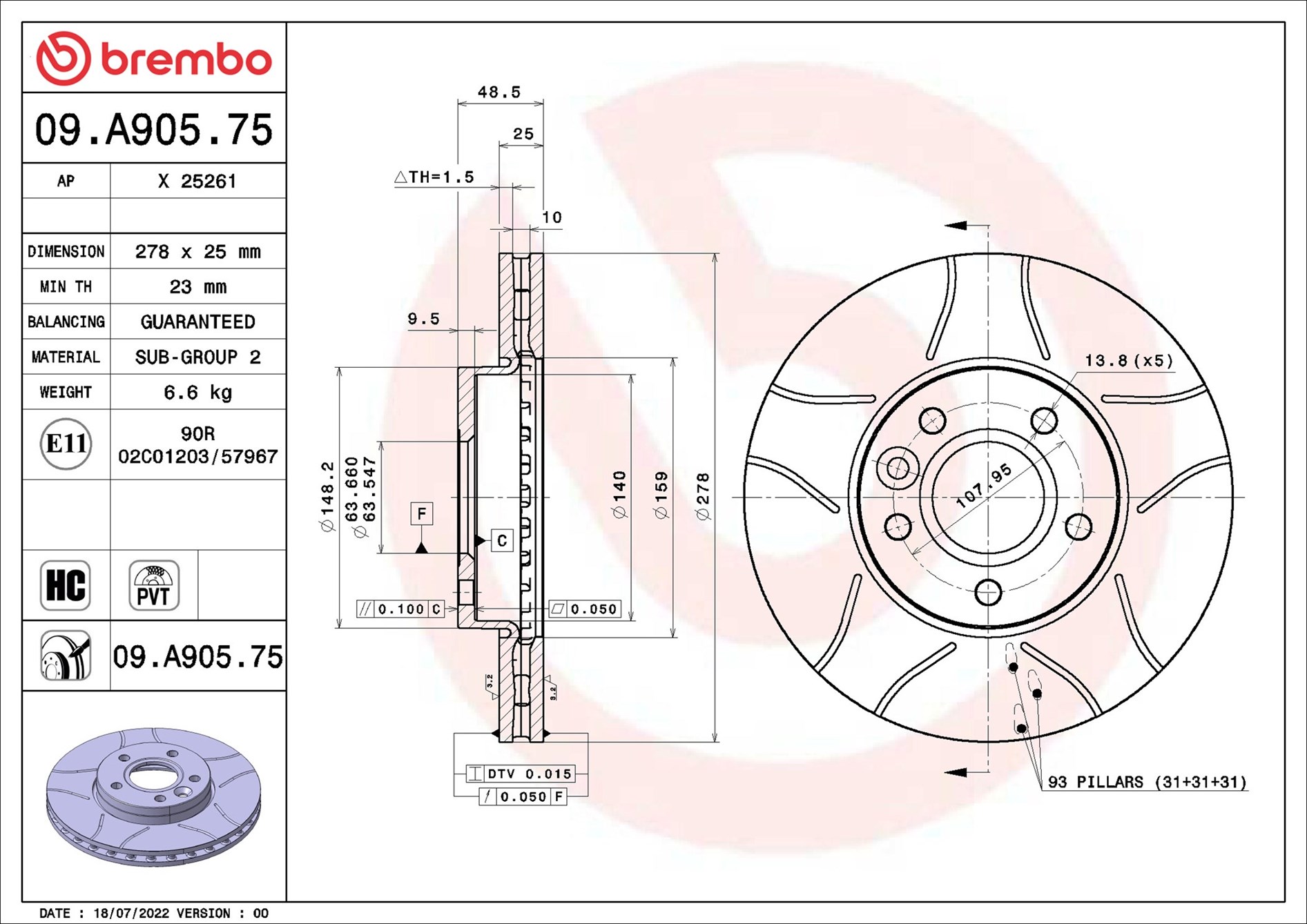 Disco freno BREMBO 09A90575