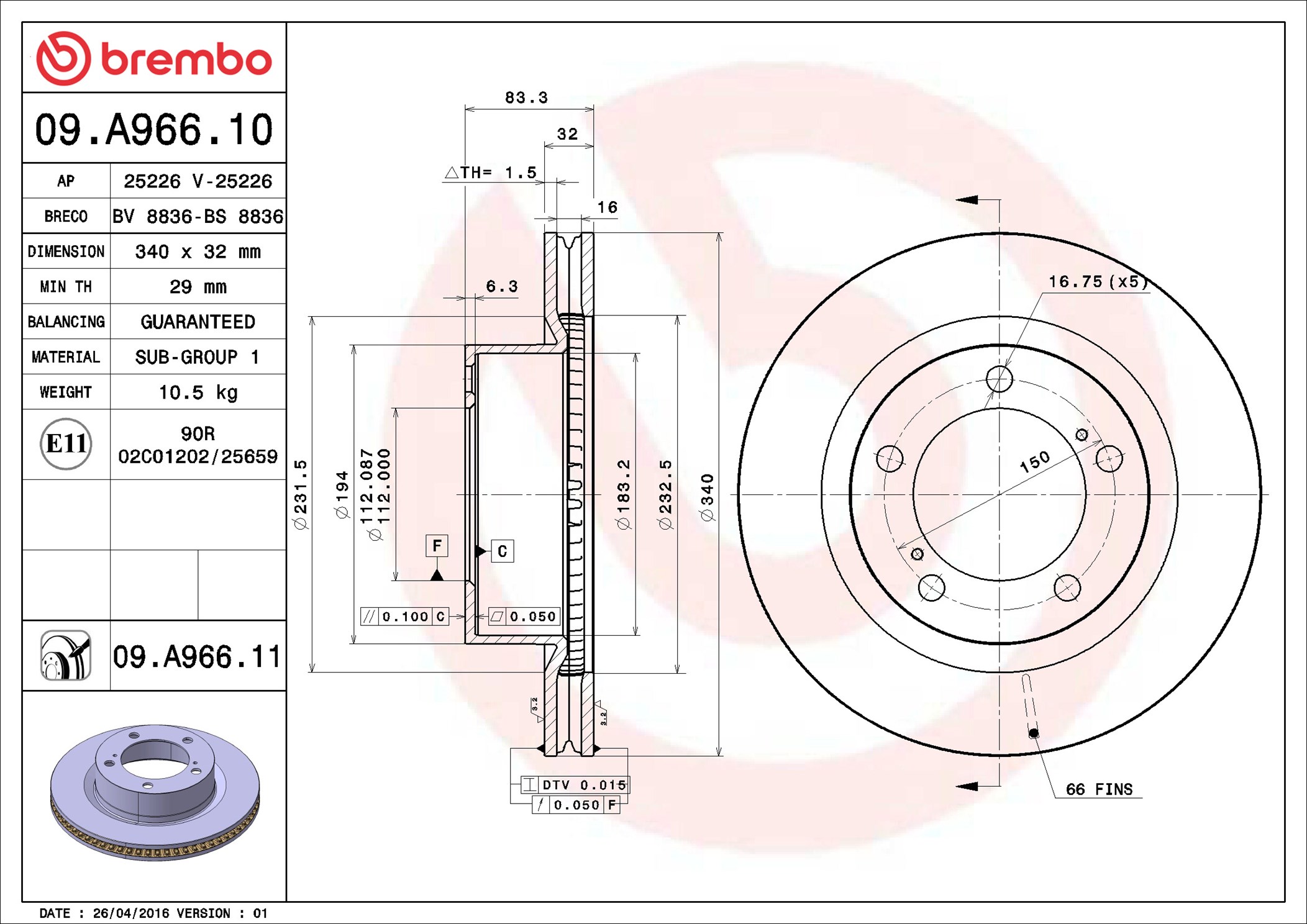 Disco freno BREMBO 09A96611