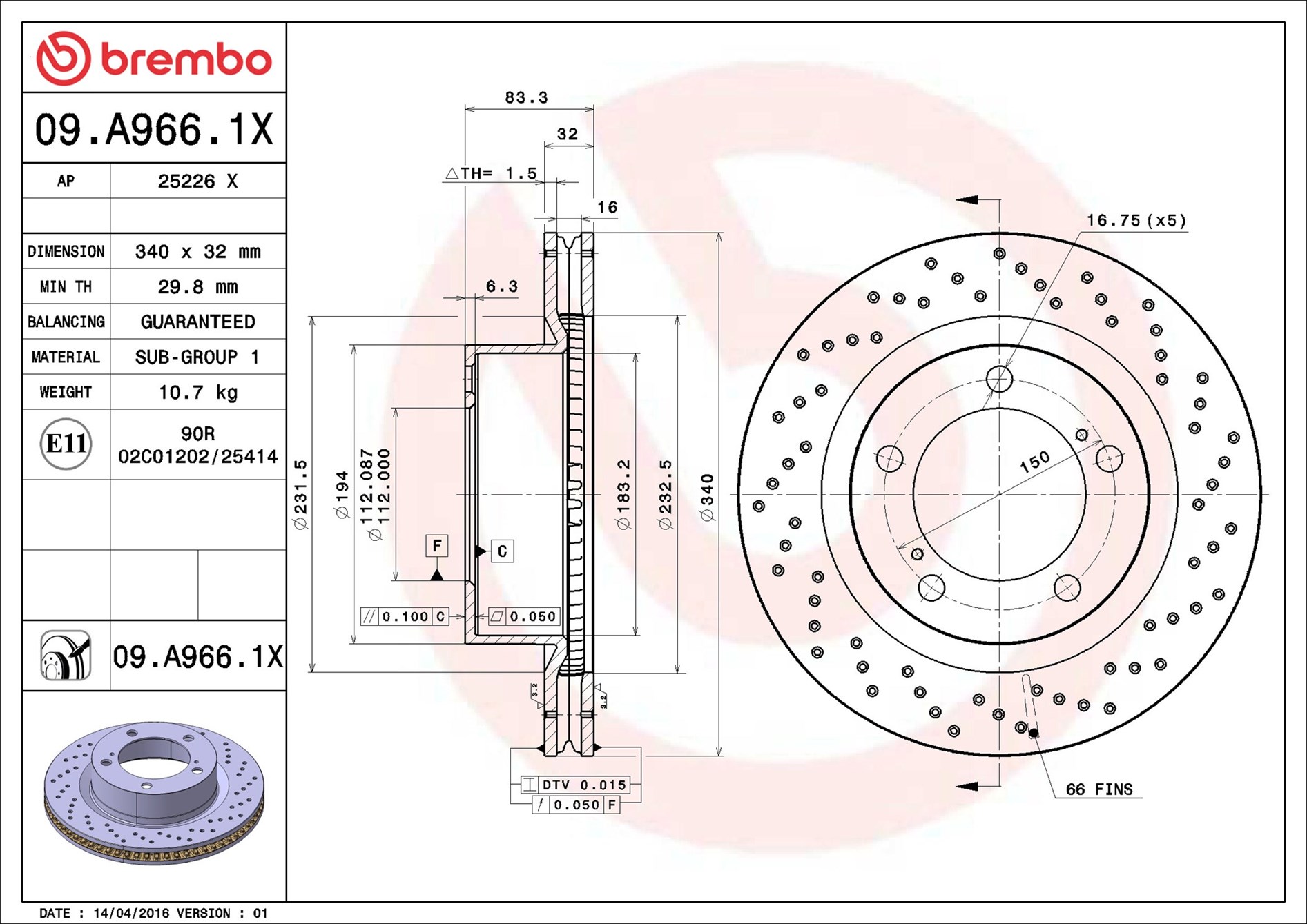 Disco freno BREMBO 09A9661X