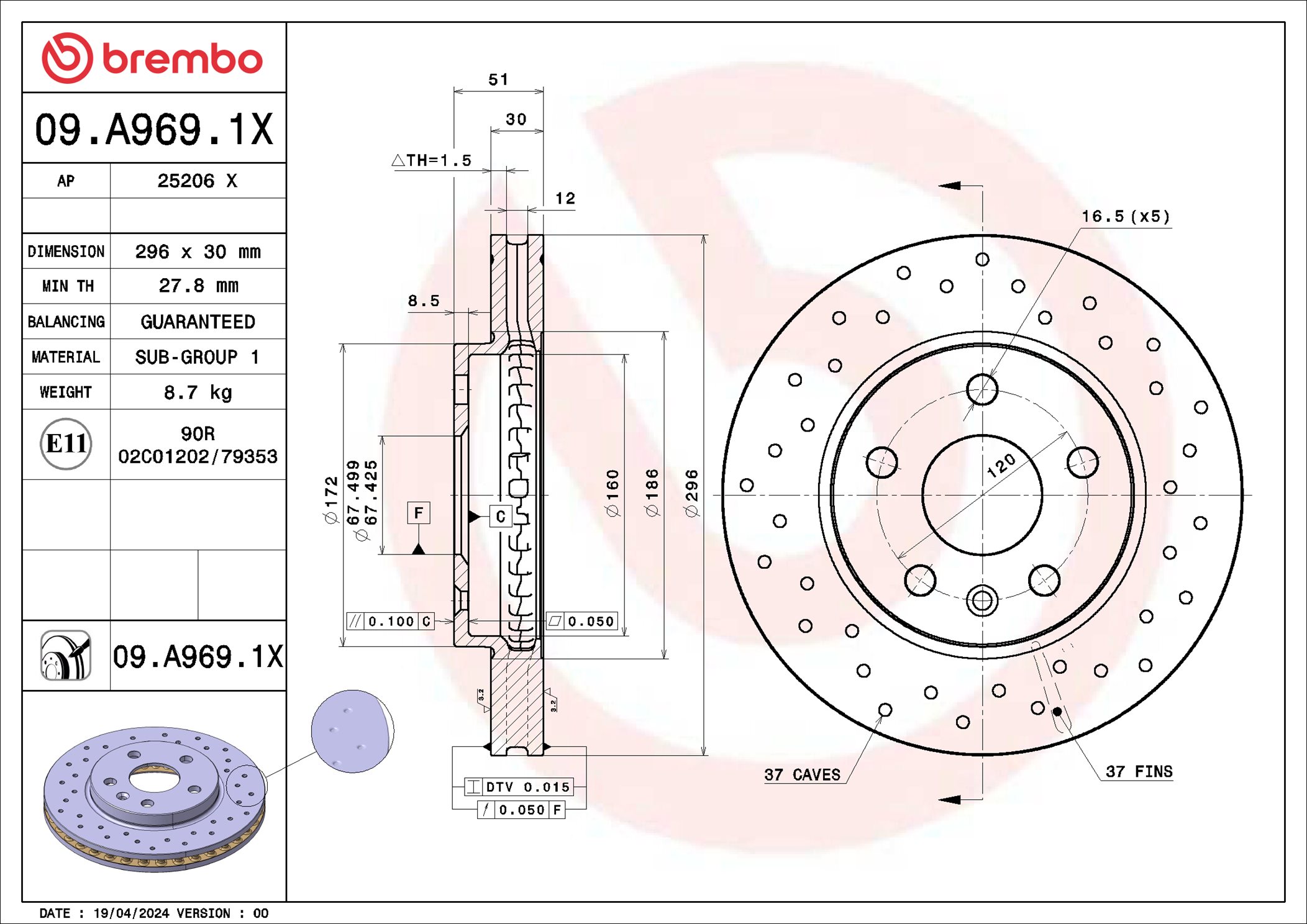 Disco freno BREMBO 09A9691X