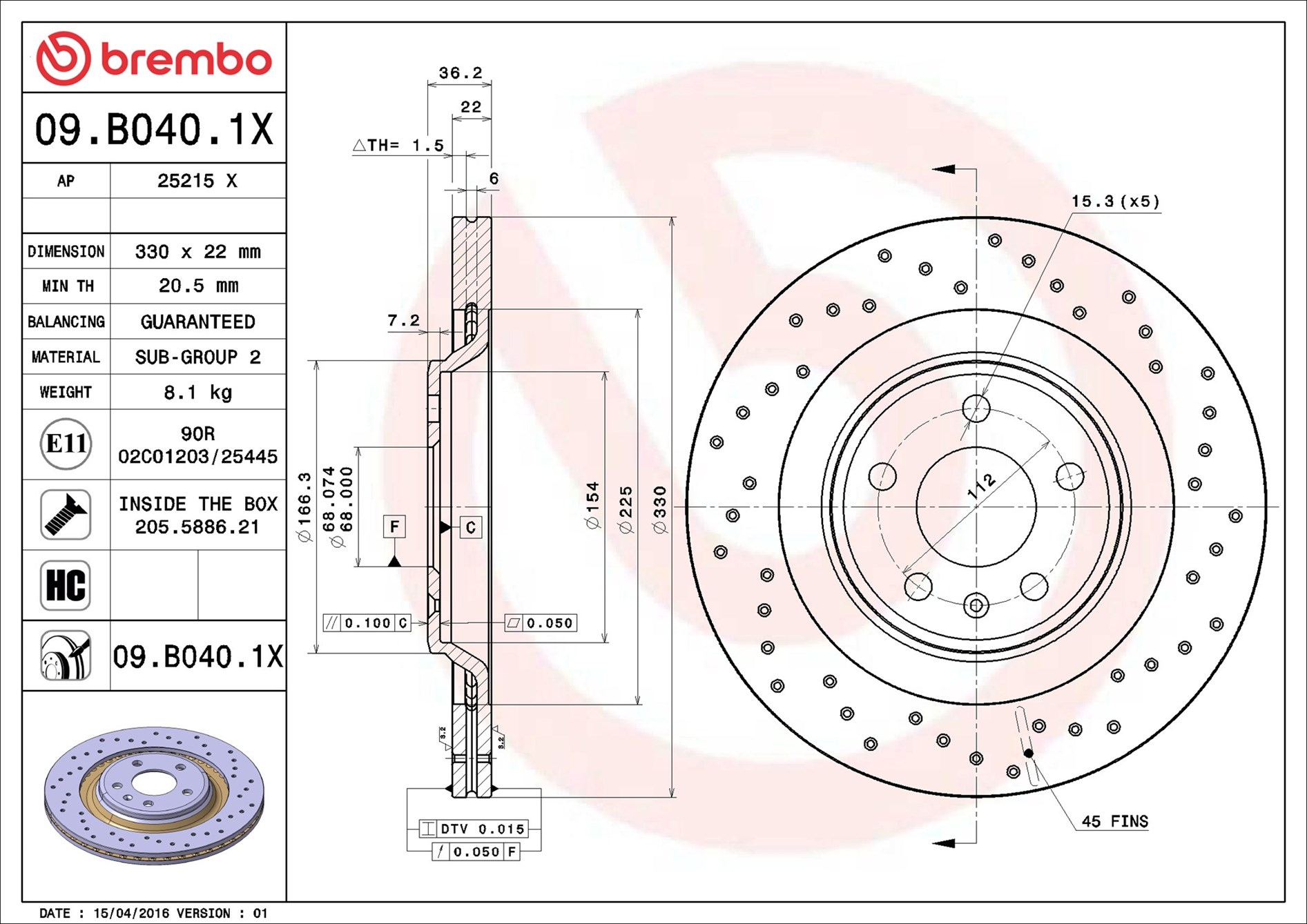 Disco freno BREMBO 09B0401X