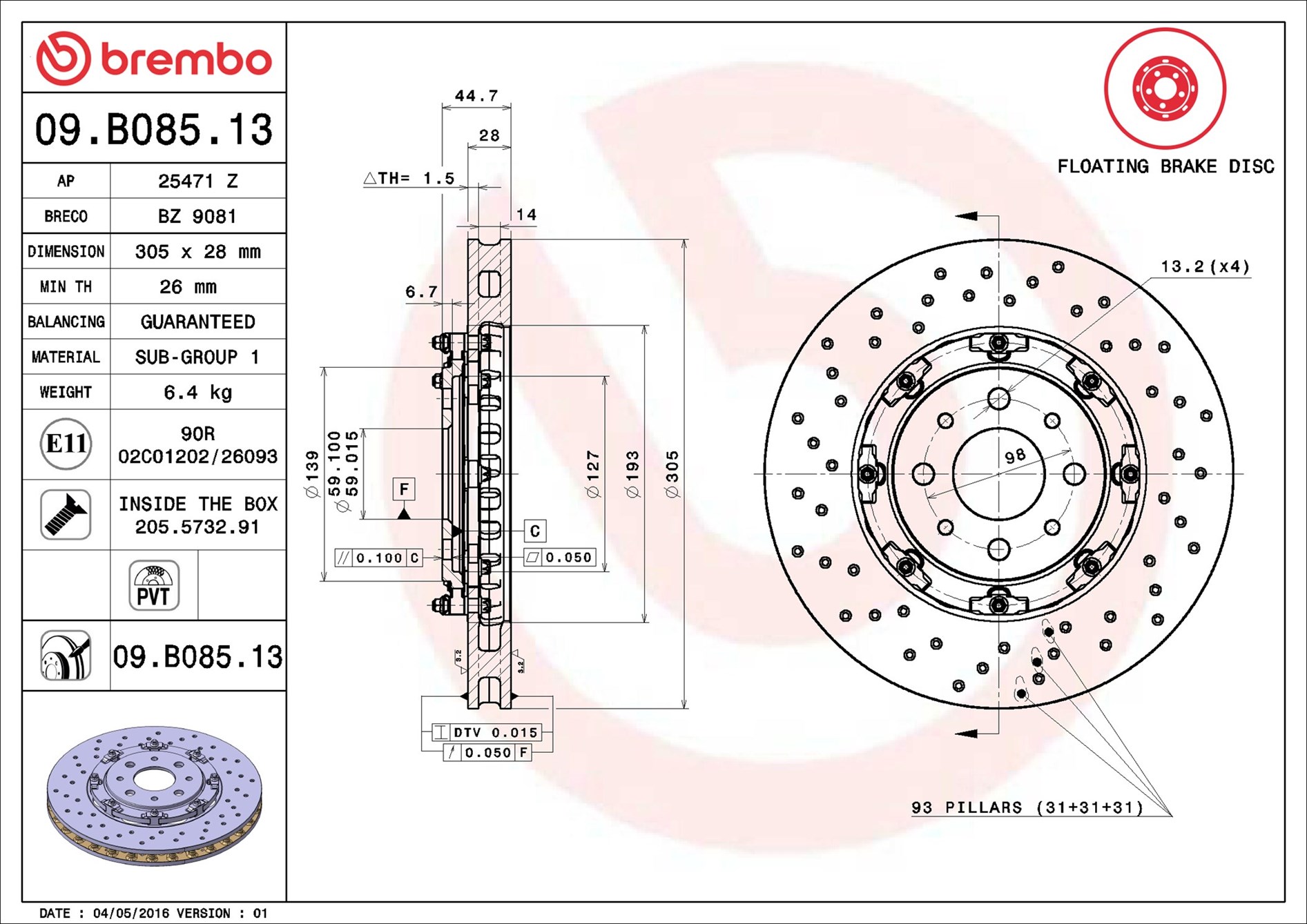 Disco freno BREMBO 09B08513
