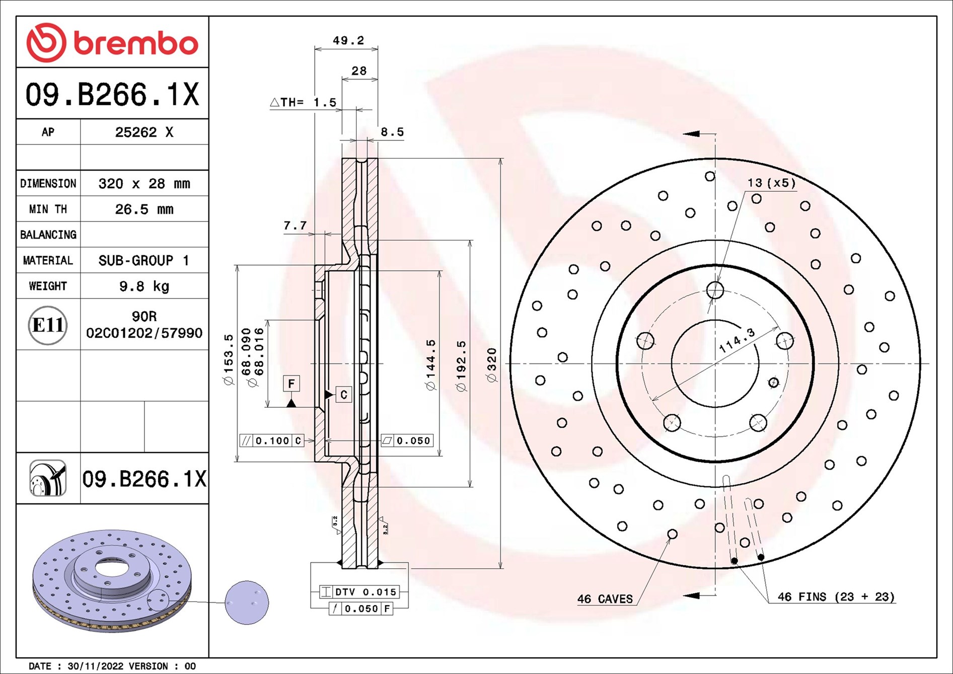Disco freno BREMBO 09B2661X